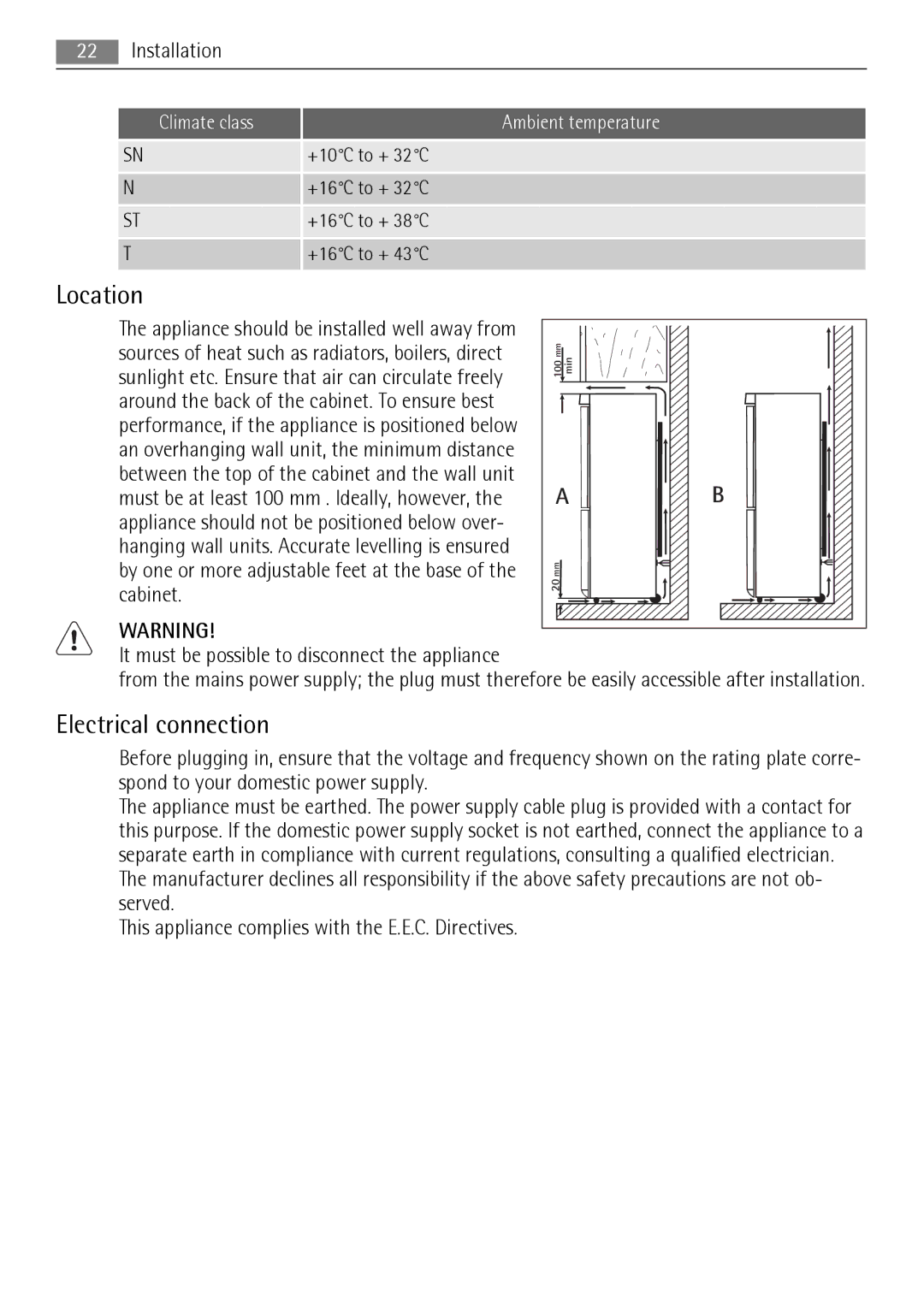 AEG S83200CMW0 user manual Location, Electrical connection 