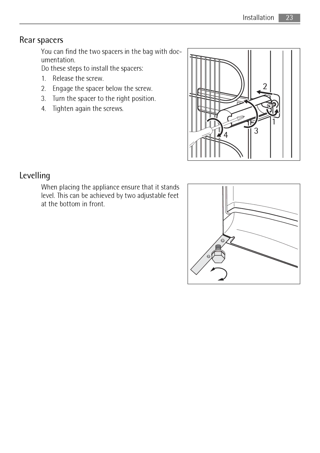 AEG S83200CMW0 user manual Rear spacers, Levelling 