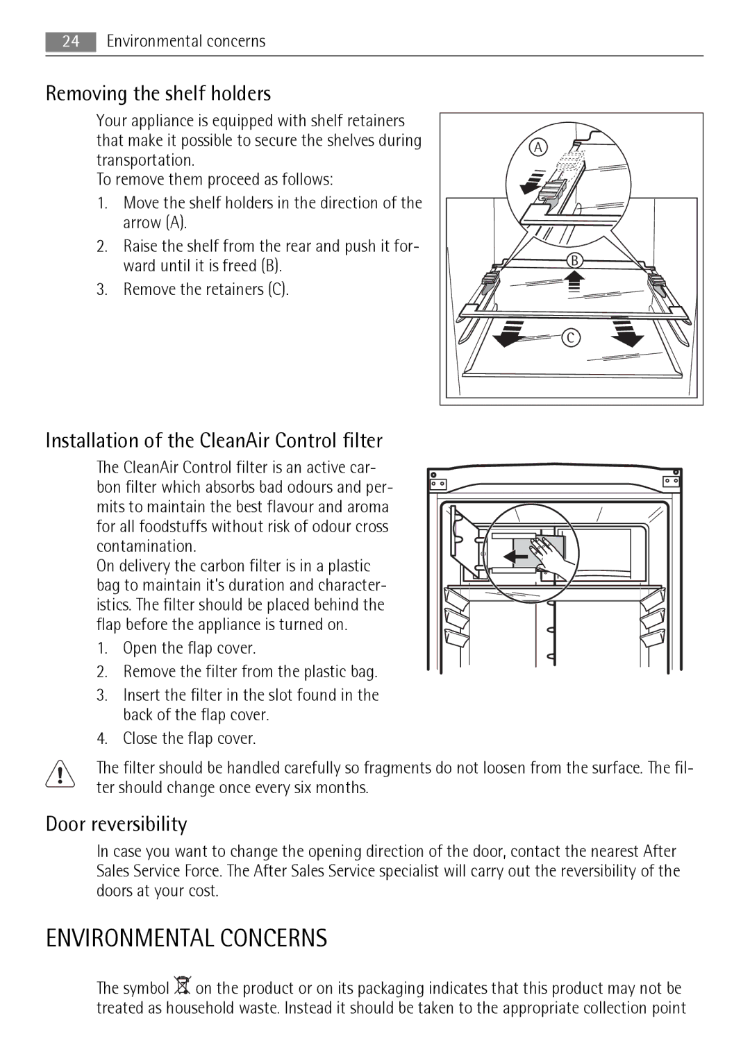 AEG S83200CMW0 user manual Environmental Concerns, Removing the shelf holders, Installation of the CleanAir Control filter 