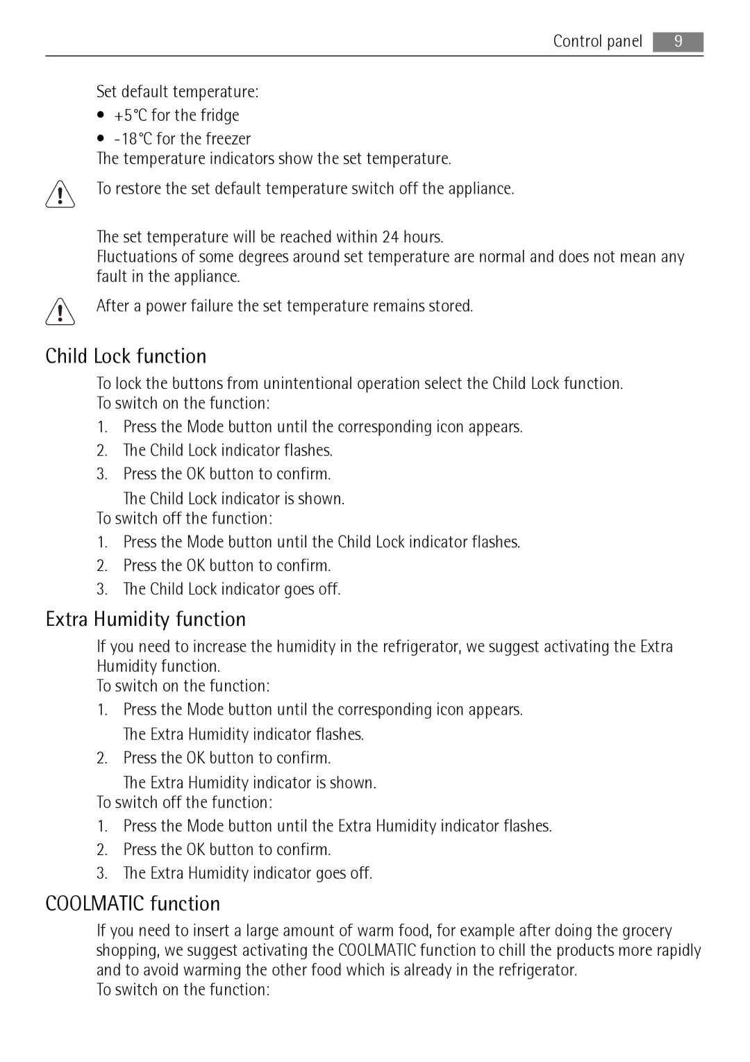 AEG S83200CMW0 user manual Child Lock function, Extra Humidity function, Coolmatic function 