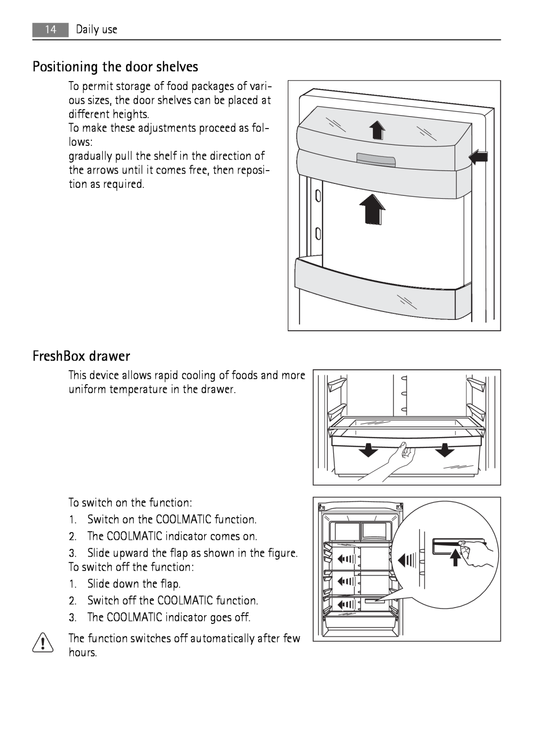 AEG S83200CMW0 user manual Positioning the door shelves, FreshBox drawer 