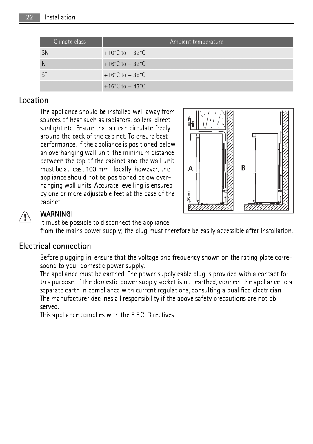 AEG S83200CMW0 user manual Location, Electrical connection 
