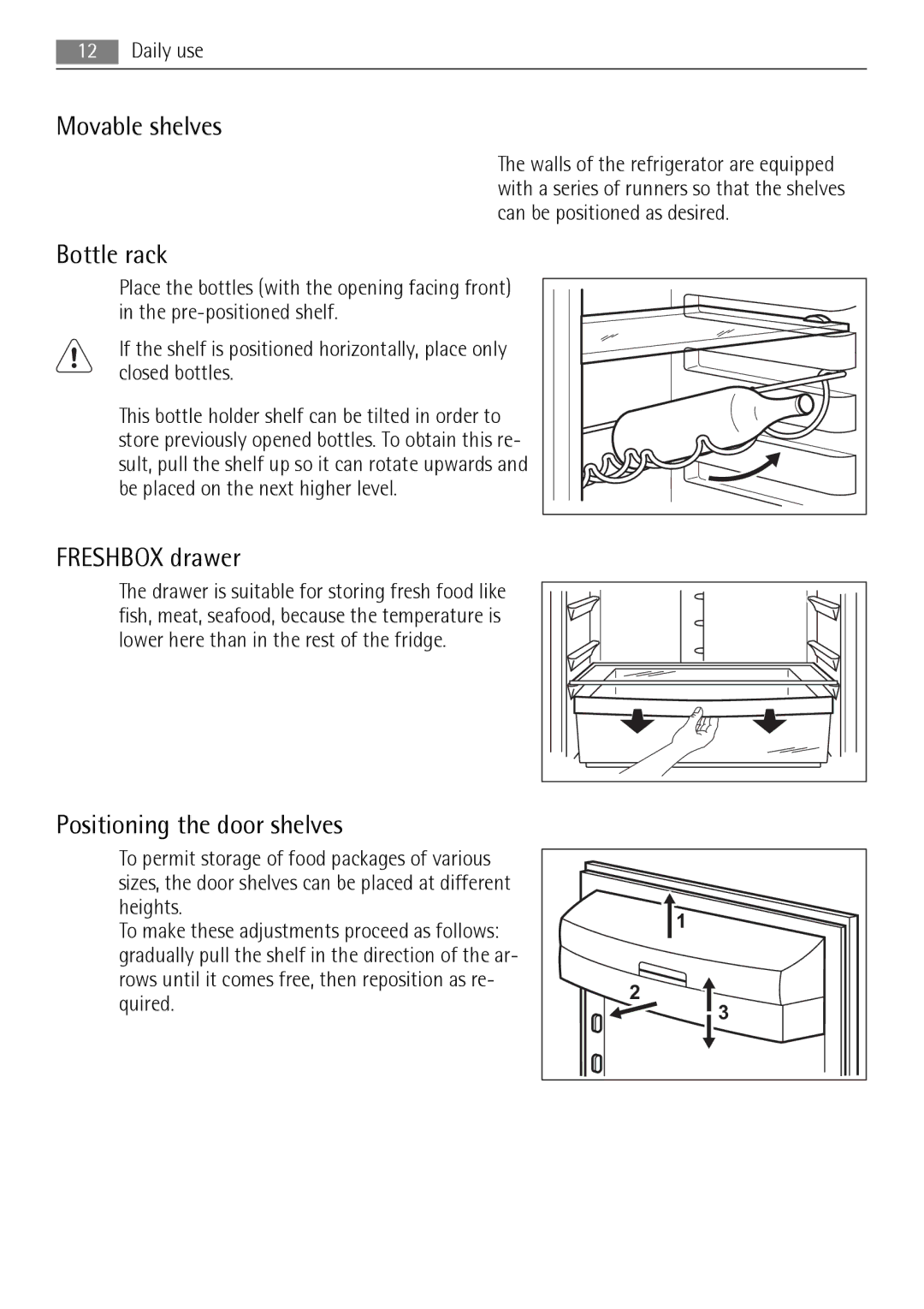 AEG S83600CSM1 user manual Movable shelves, Bottle rack, Freshbox drawer, Positioning the door shelves 