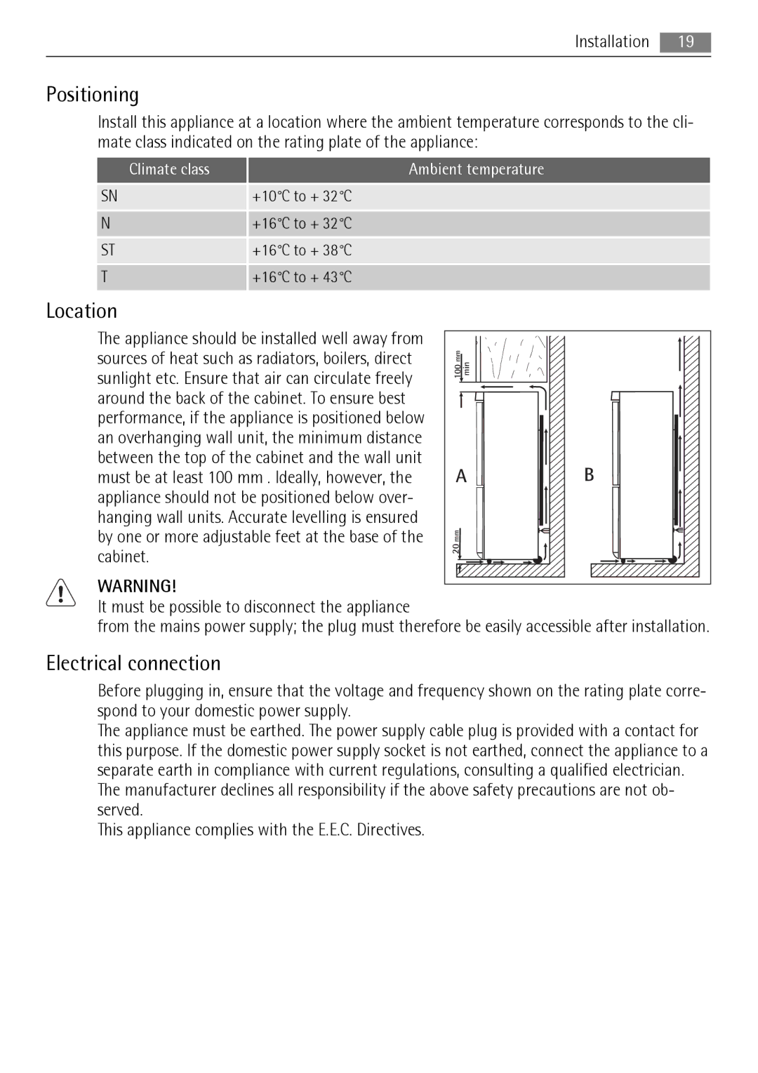 AEG S83600CSM1 user manual Positioning, Location, Electrical connection 