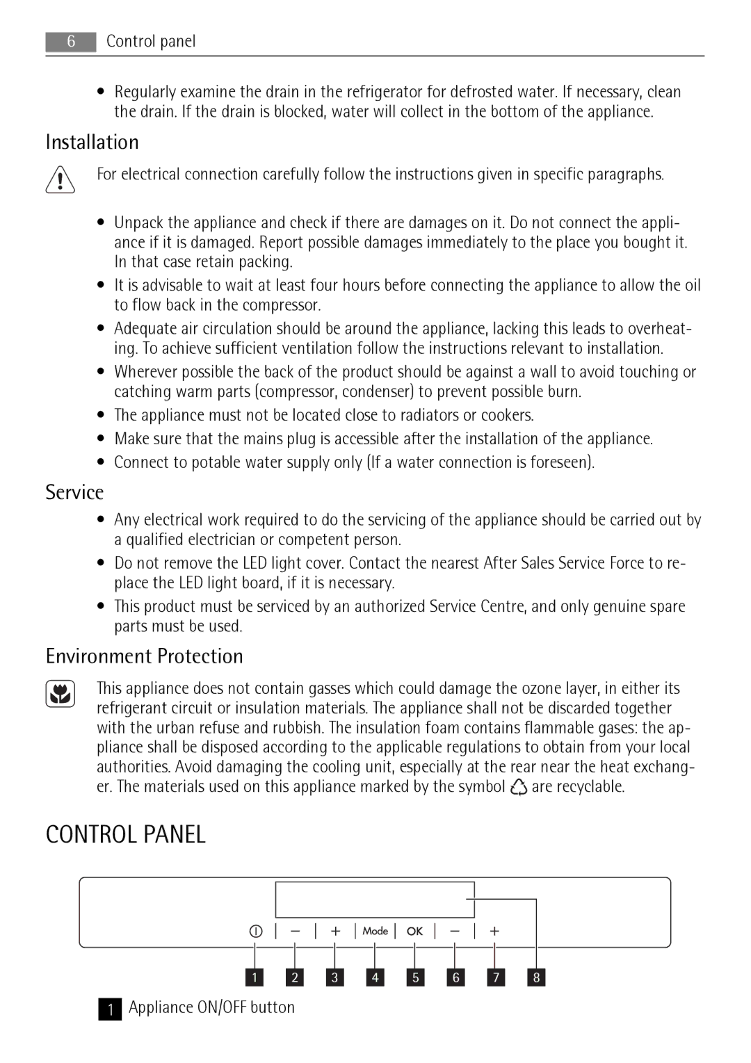 AEG S83600CSM1 user manual Control Panel, Installation, Service, Environment Protection 