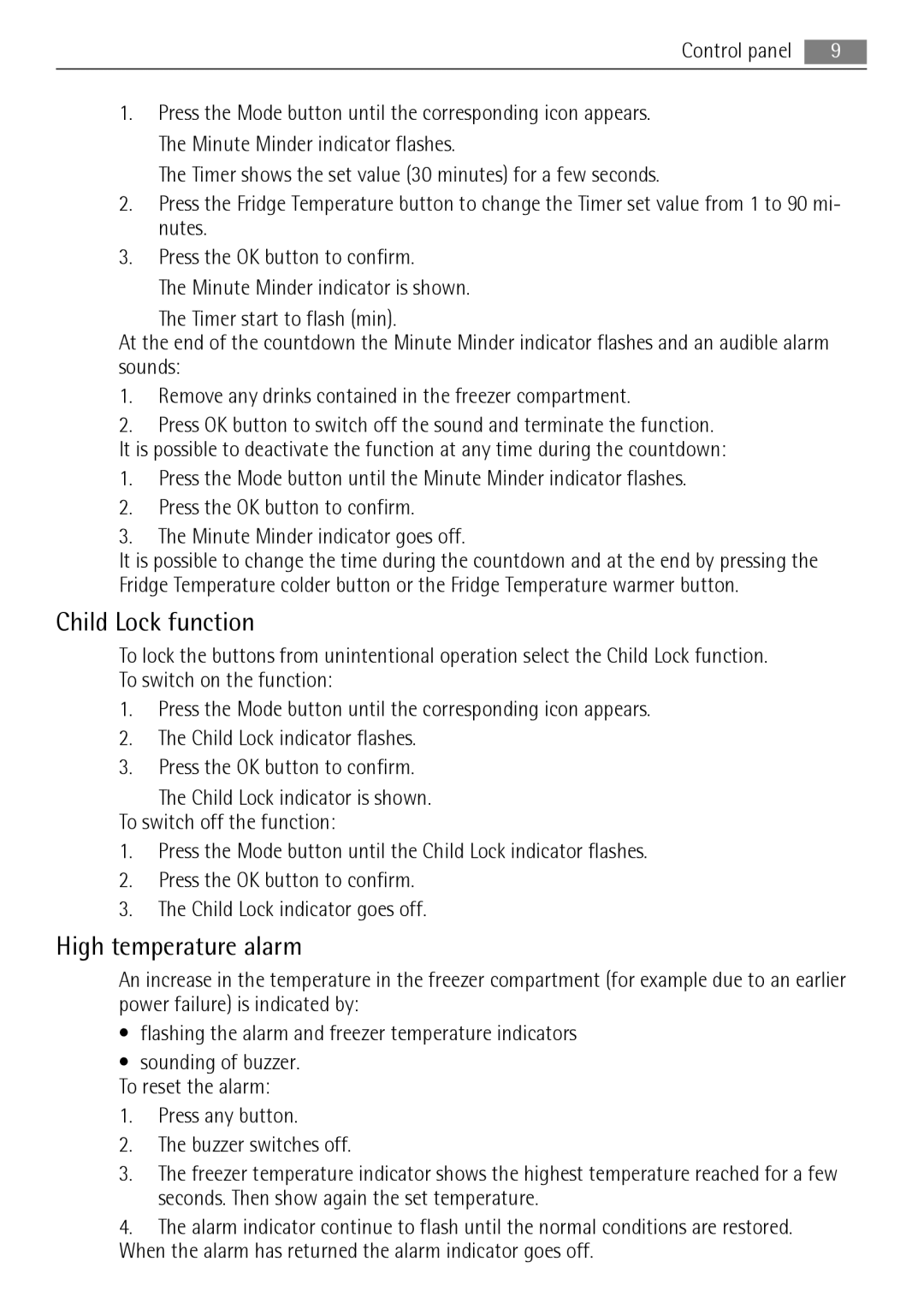 AEG S83600CSM1 user manual Child Lock function, High temperature alarm 