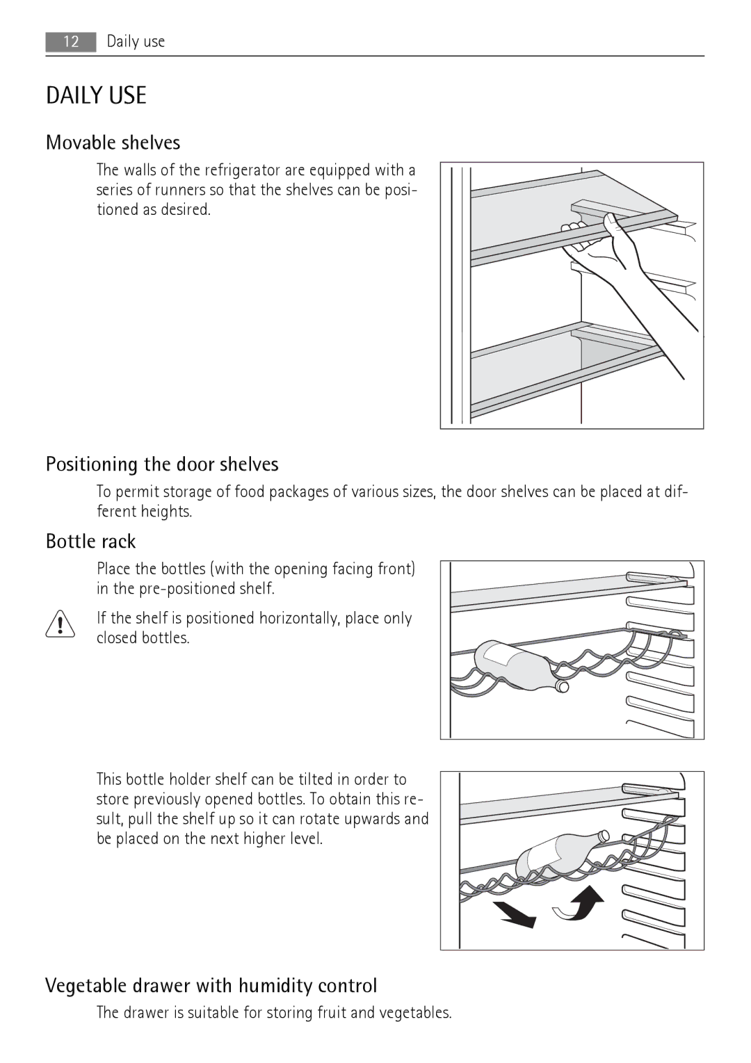AEG S94400CTX0 manual Daily USE, Movable shelves, Positioning the door shelves, Bottle rack 