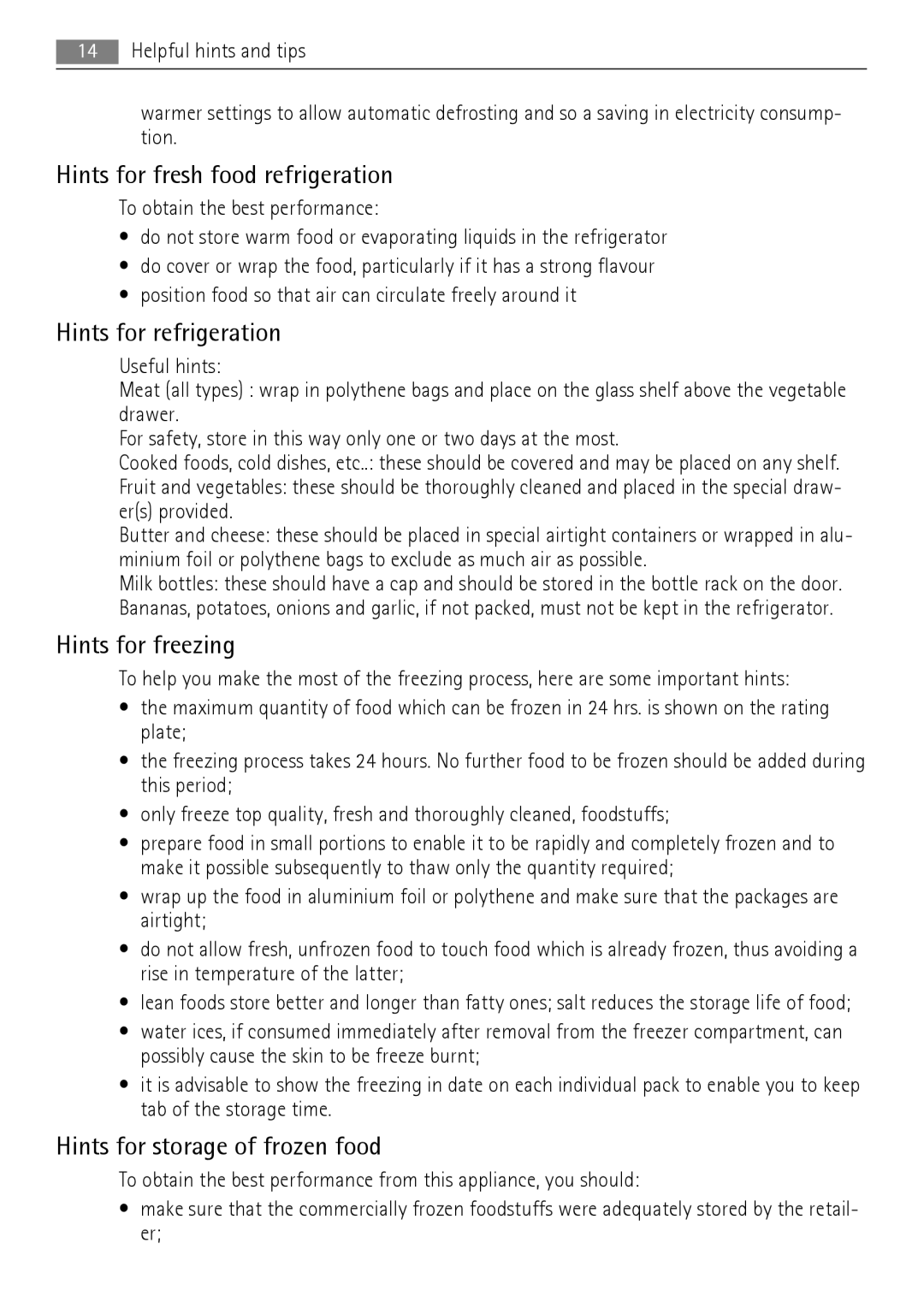 AEG SCN71800S0 manual Hints for fresh food refrigeration, Hints for refrigeration, Hints for freezing 