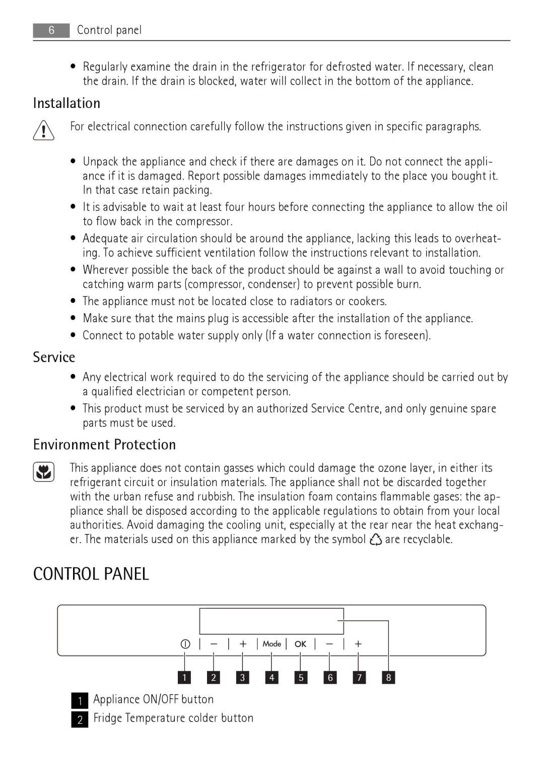 AEG SCN71800S0 manual Control Panel, Installation, Service, Environment Protection 