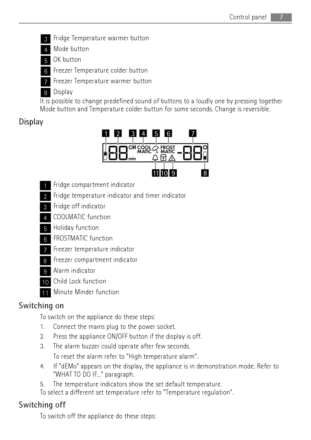 AEG SCN71800S0 manual Display, Switching on, Switching off 