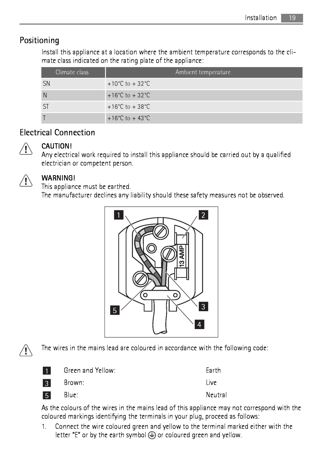 AEG SCN71800S0 Positioning, Electrical Connection, Installation, This appliance must be earthed, Green and Yellow, Earth 
