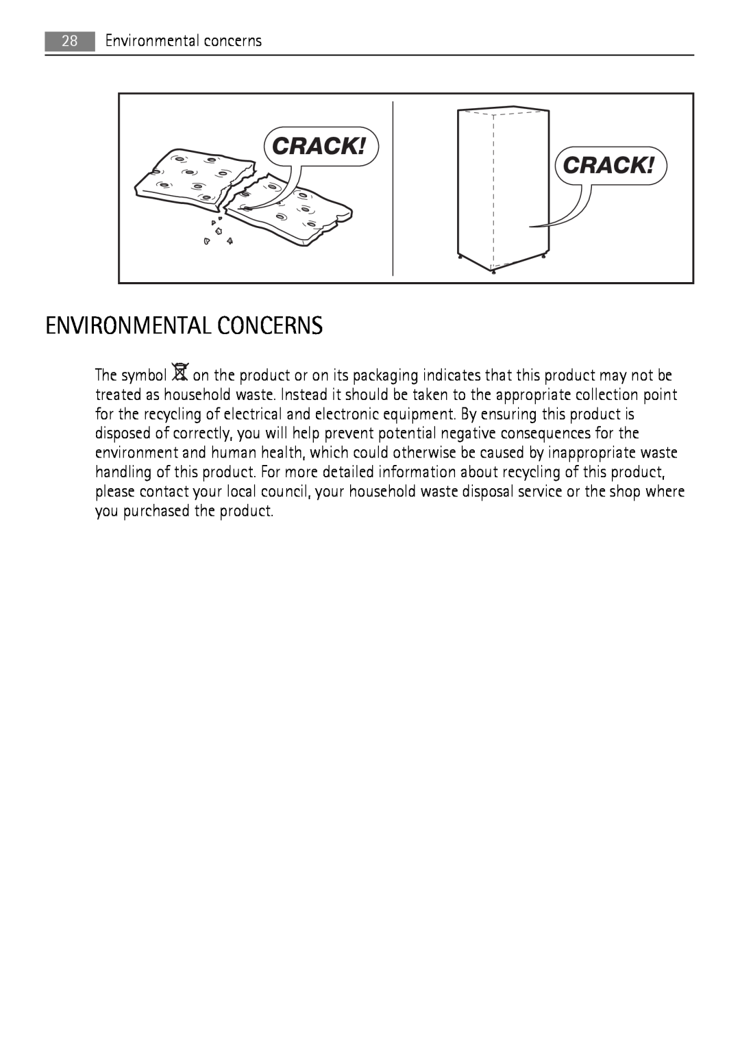 AEG SCN71800S0 manual Environmental Concerns, Crack, Environmental concerns 