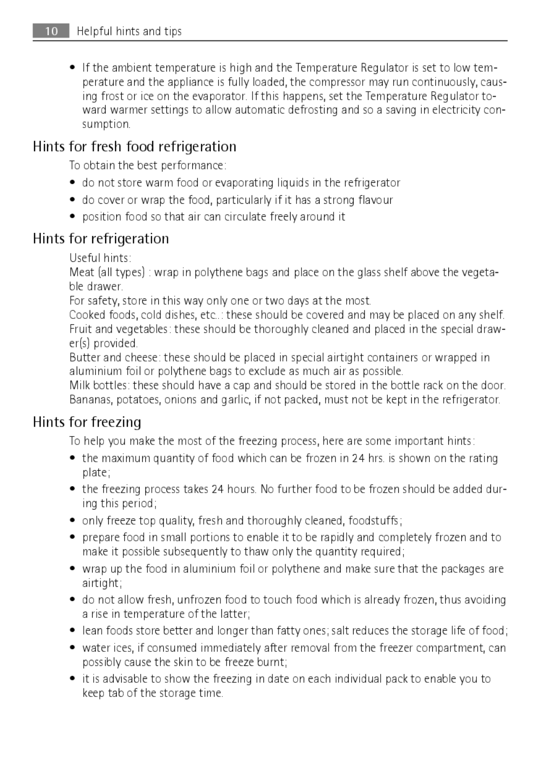 AEG SCS51400S0 user manual Hints for fresh food refrigeration, Hints for refrigeration, Hints for freezing 