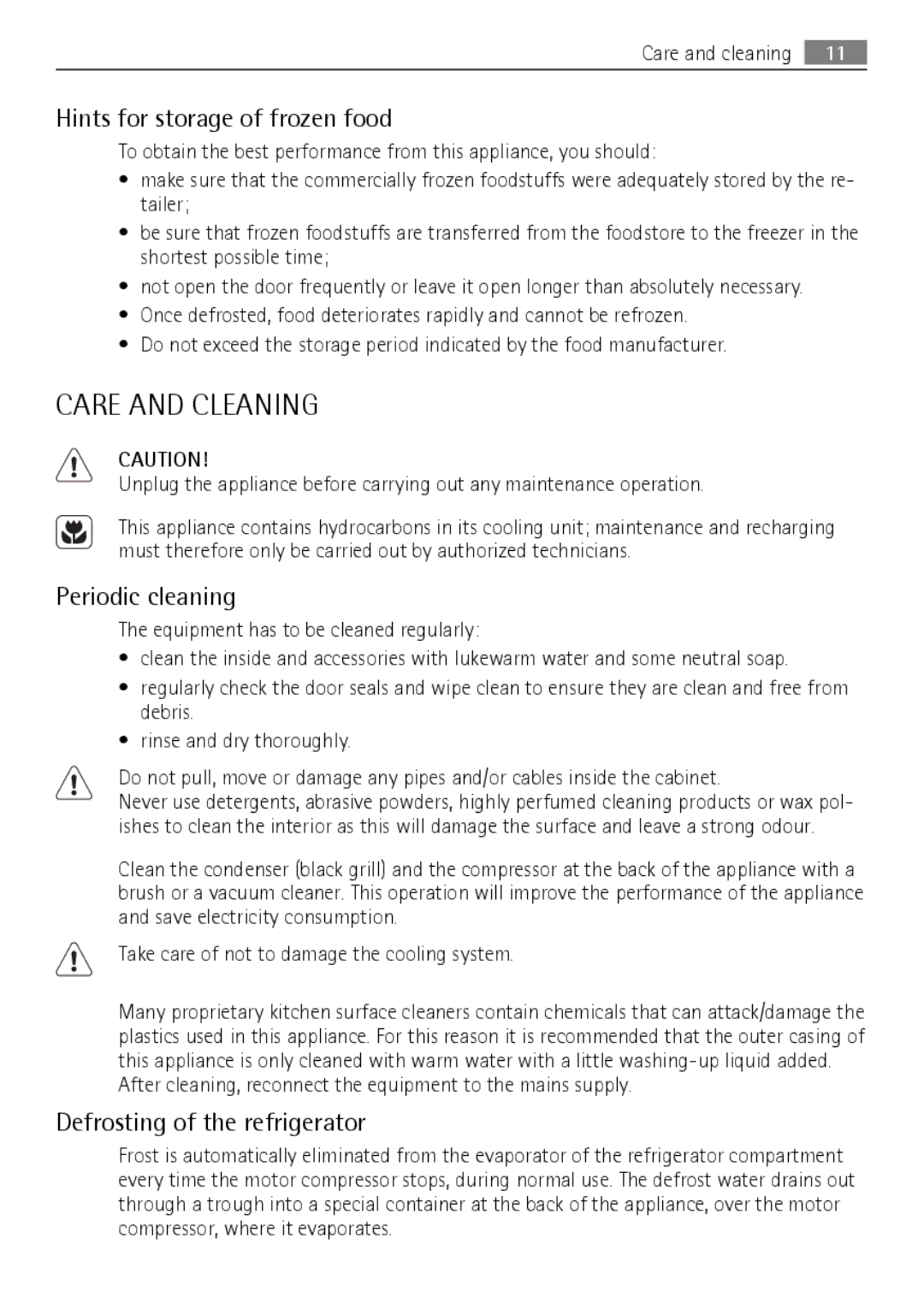 AEG SCS51400S0 Care and Cleaning, Hints for storage of frozen food, Periodic cleaning, Defrosting of the refrigerator 