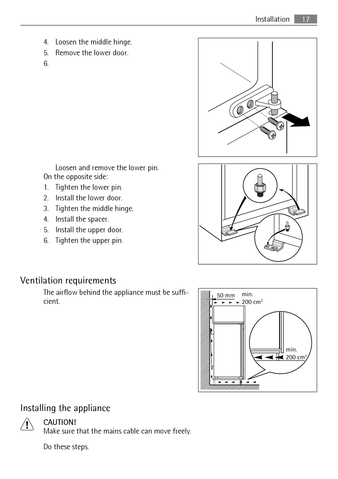 AEG SCS51400S0 user manual Ventilation requirements, Installing the appliance 