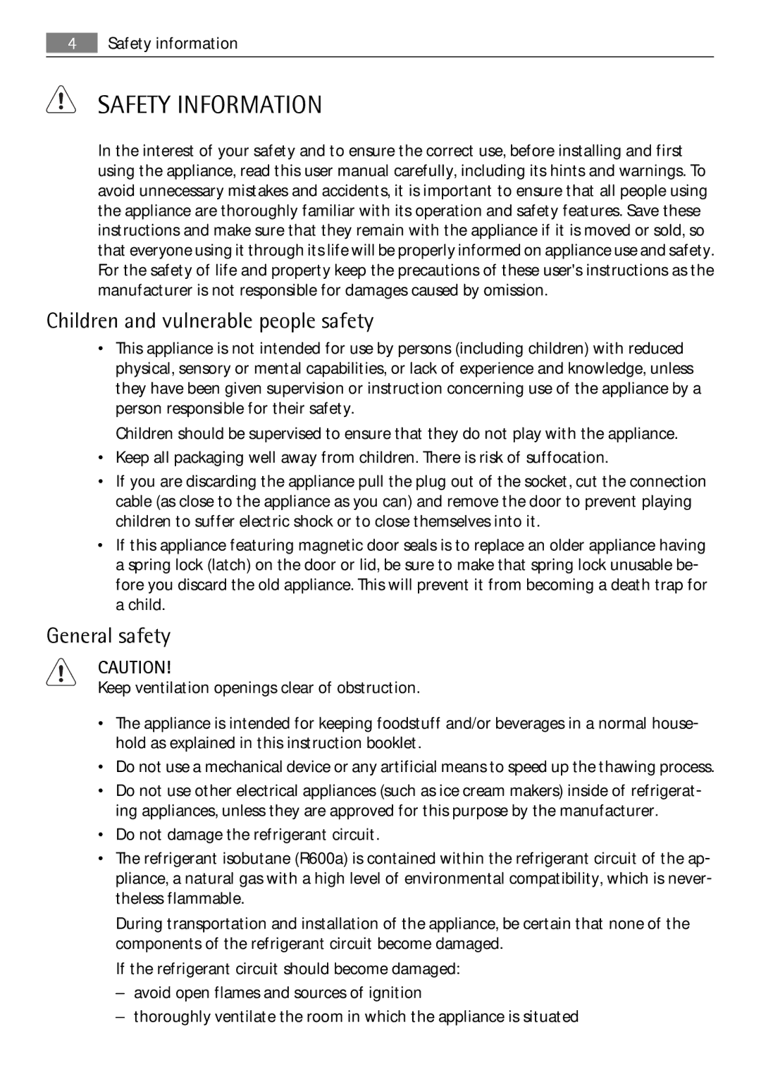 AEG SCS51400S0 user manual Safety Information, Children and vulnerable people safety, General safety 