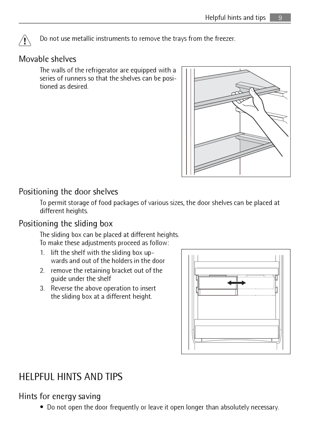 AEG SCS51400S0 Helpful Hints and Tips, Movable shelves, Positioning the door shelves, Positioning the sliding box 