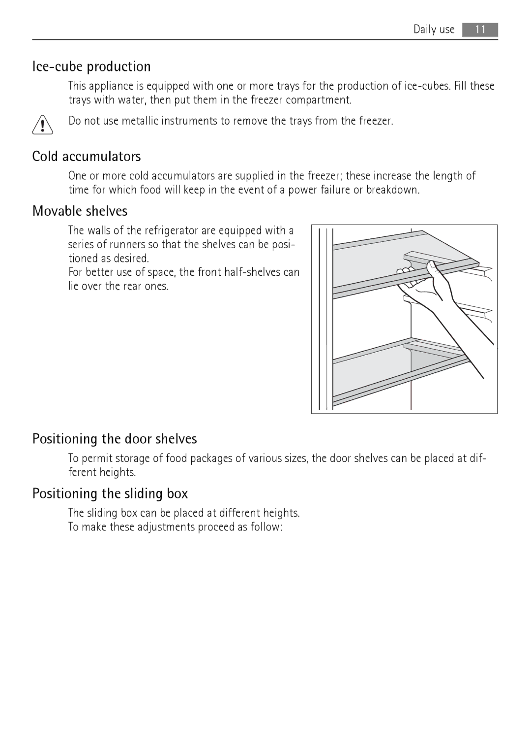 AEG SCT71900S0 user manual Ice-cube production, Cold accumulators, Movable shelves, Positioning the door shelves 