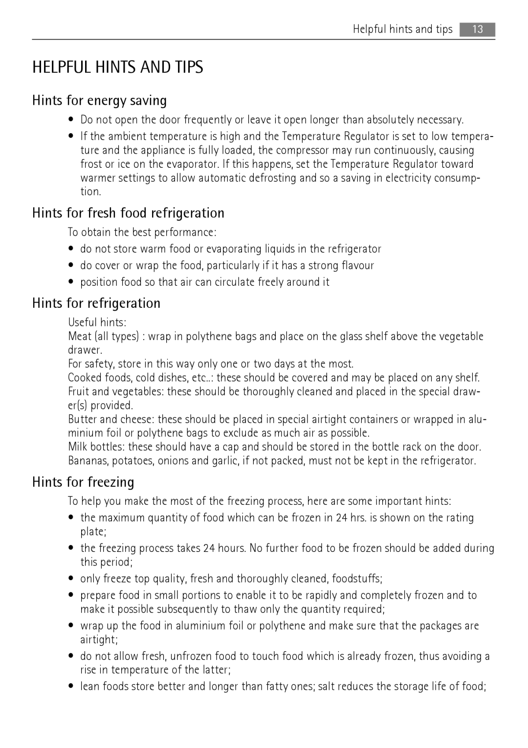 AEG SCT71900S0 Helpful Hints and Tips, Hints for energy saving, Hints for fresh food refrigeration, Hints for freezing 