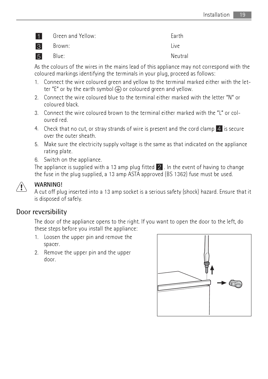 AEG SCT71900S0 user manual Door reversibility, Installation Green and Yellow Earth Brown Live Blue 