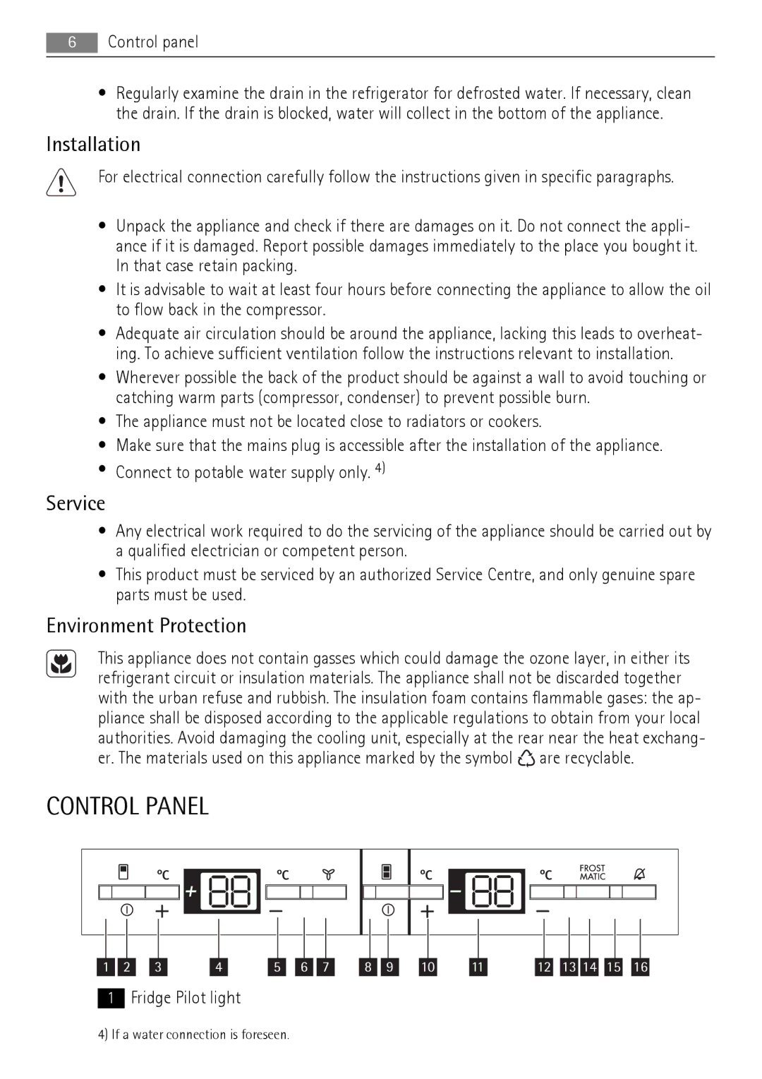 AEG SCT71900S0 user manual Control Panel, Installation, Service, Environment Protection 