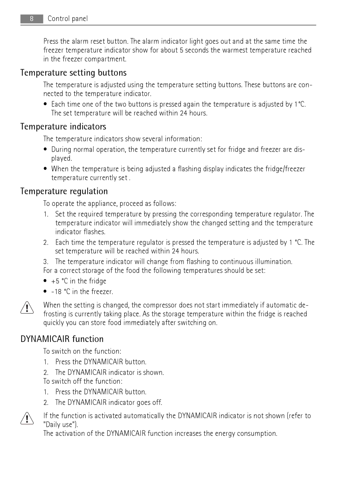 AEG SCT71900S0 user manual Temperature setting buttons, Temperature indicators, Temperature regulation, Dynamicair function 