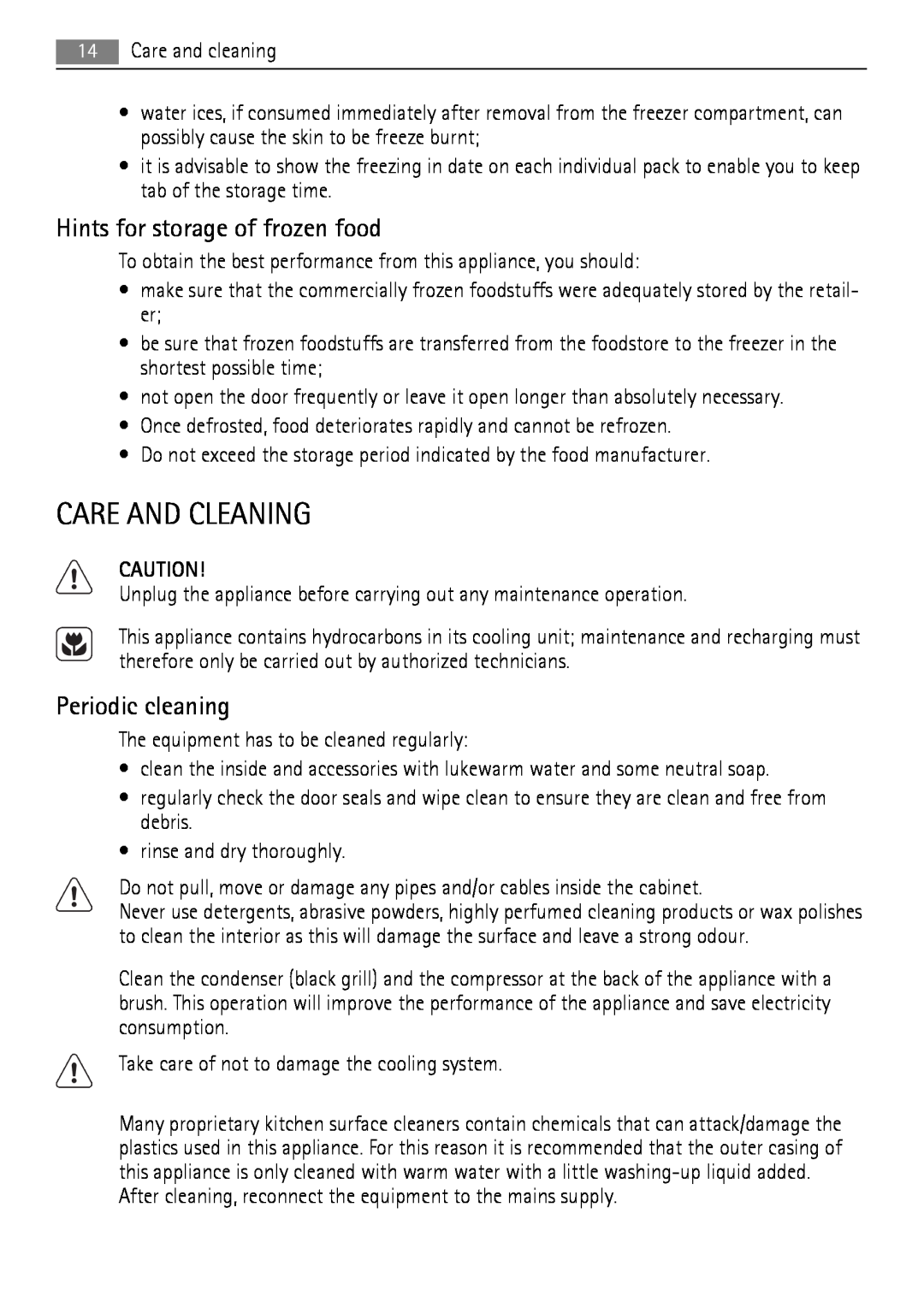 AEG SCT71900S0 user manual Care And Cleaning, Hints for storage of frozen food, Periodic cleaning 