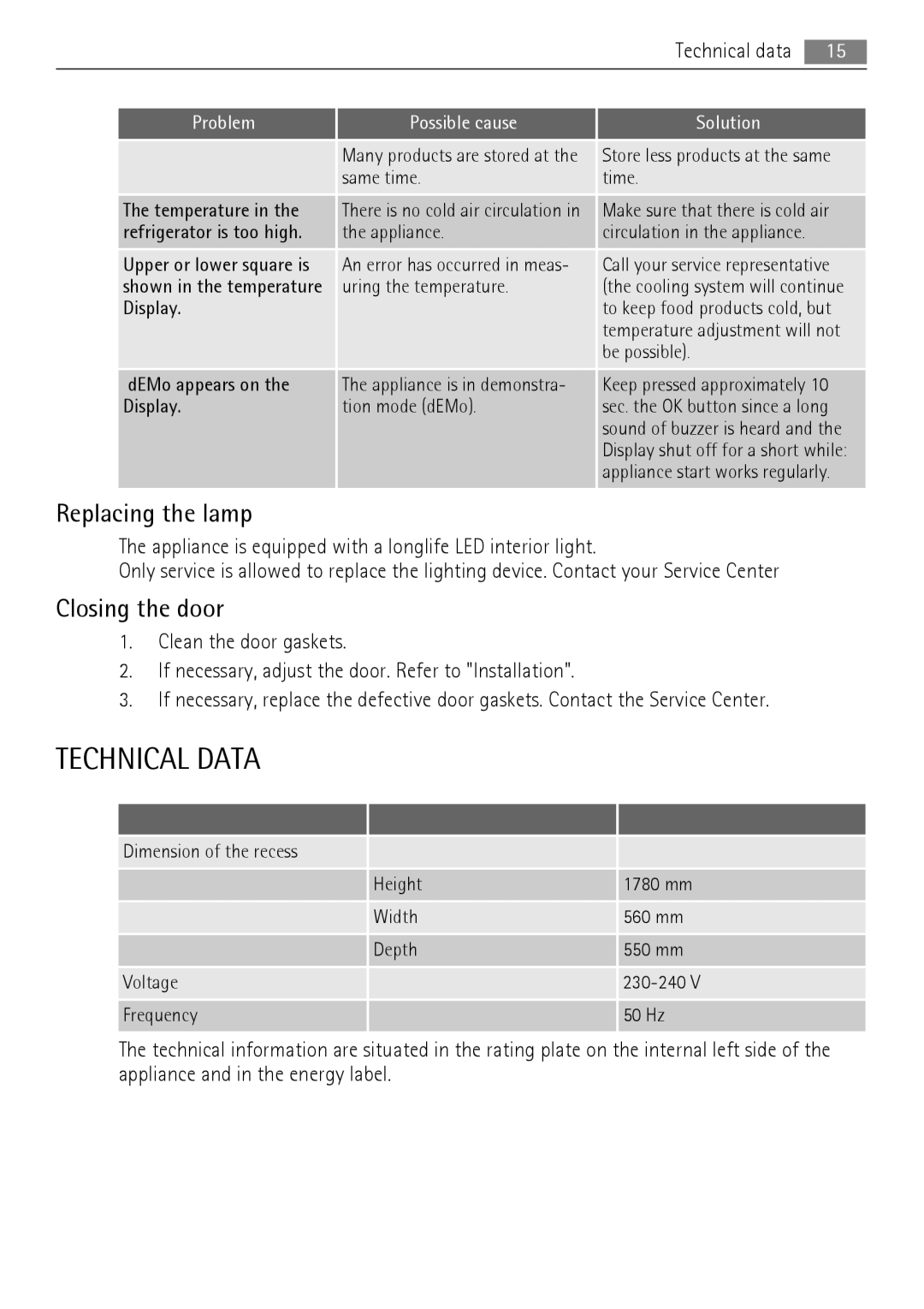 AEG SKD71800F0 user manual Technical Data, Replacing the lamp, Closing the door 