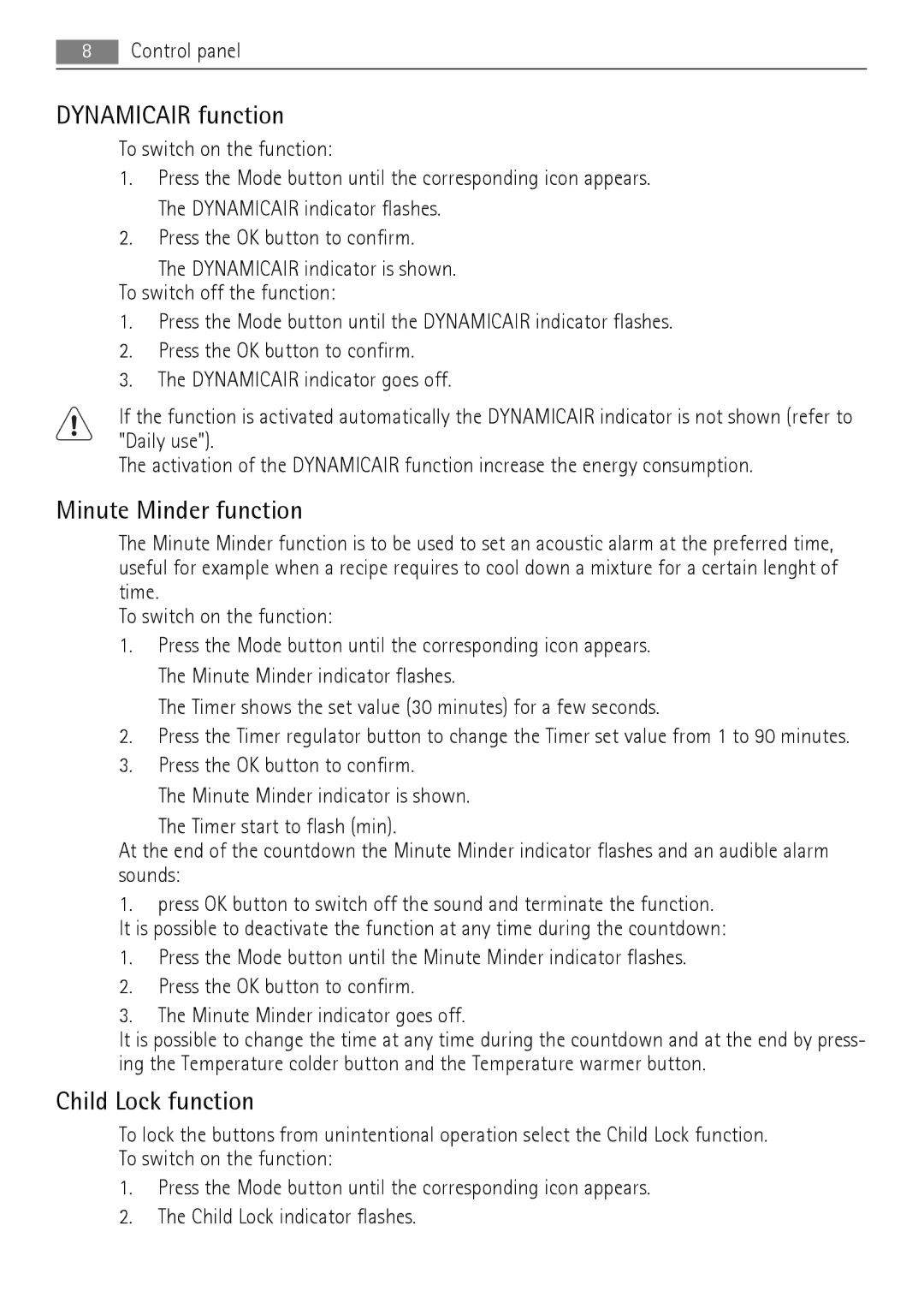 AEG SKD71800F0 user manual Dynamicair function, Minute Minder function, Child Lock function 