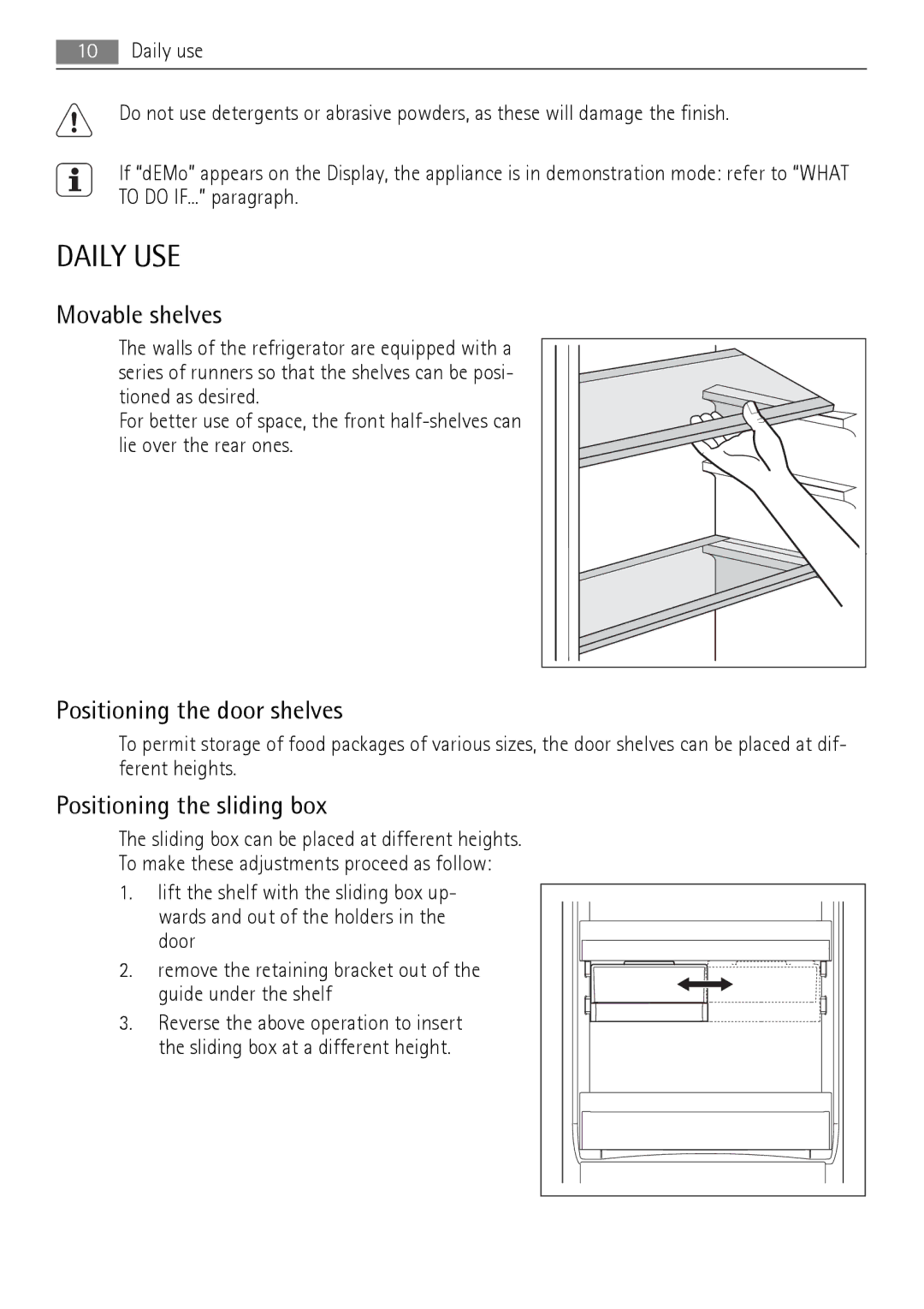 AEG SKS71200F0 user manual Daily USE, Movable shelves, Positioning the door shelves, Positioning the sliding box 