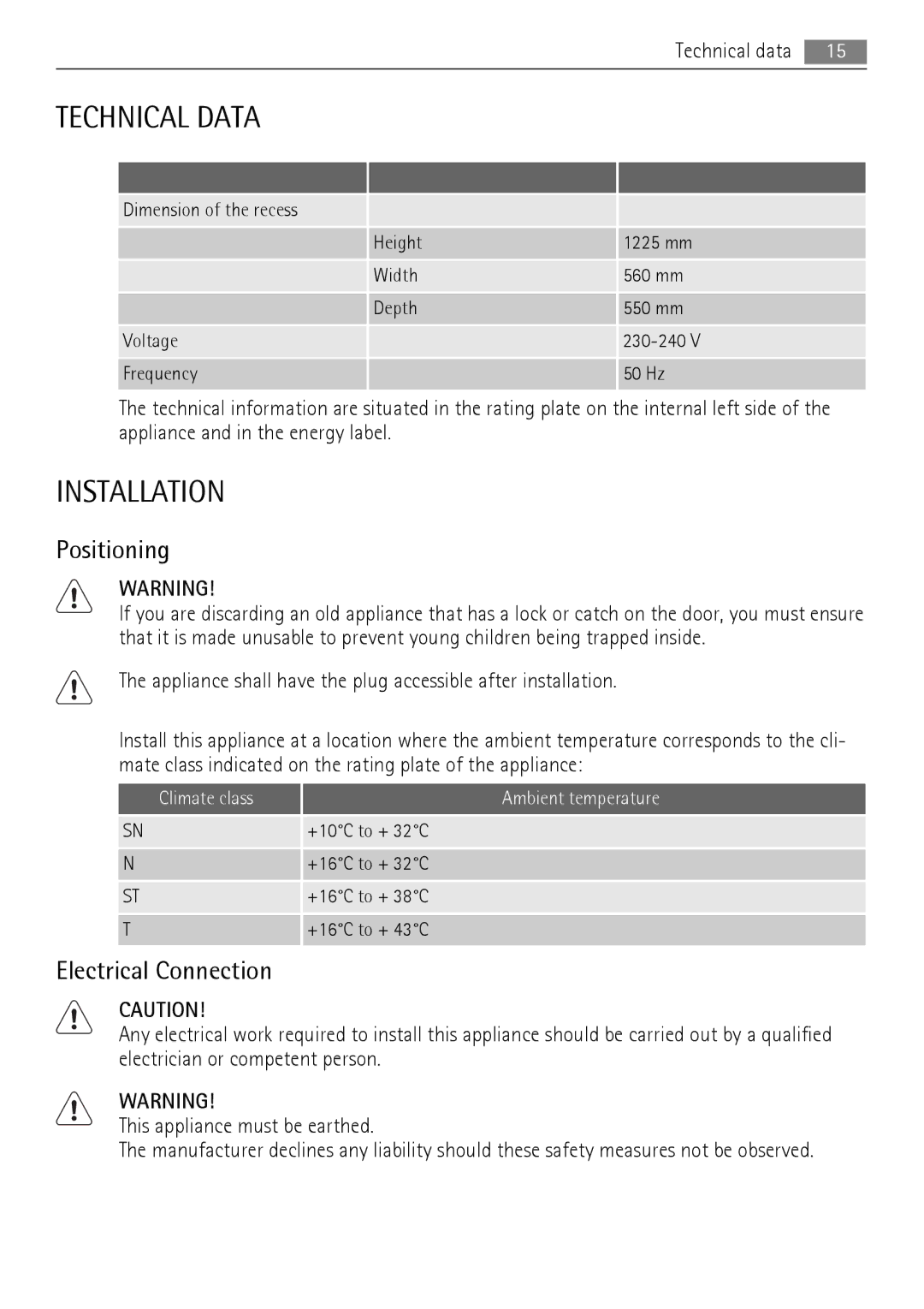 AEG SKS71200F0 user manual Technical Data, Installation, Positioning, Electrical Connection 