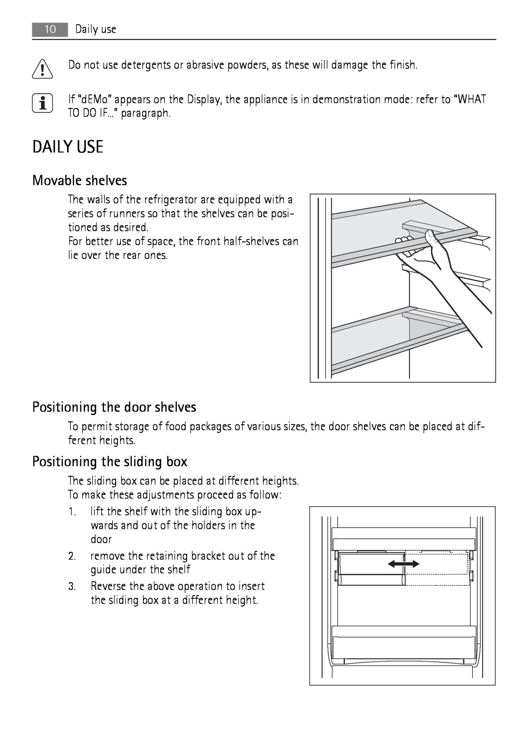 AEG SKS71200F0 user manual Daily Use, Movable shelves, Positioning the door shelves, Positioning the sliding box 
