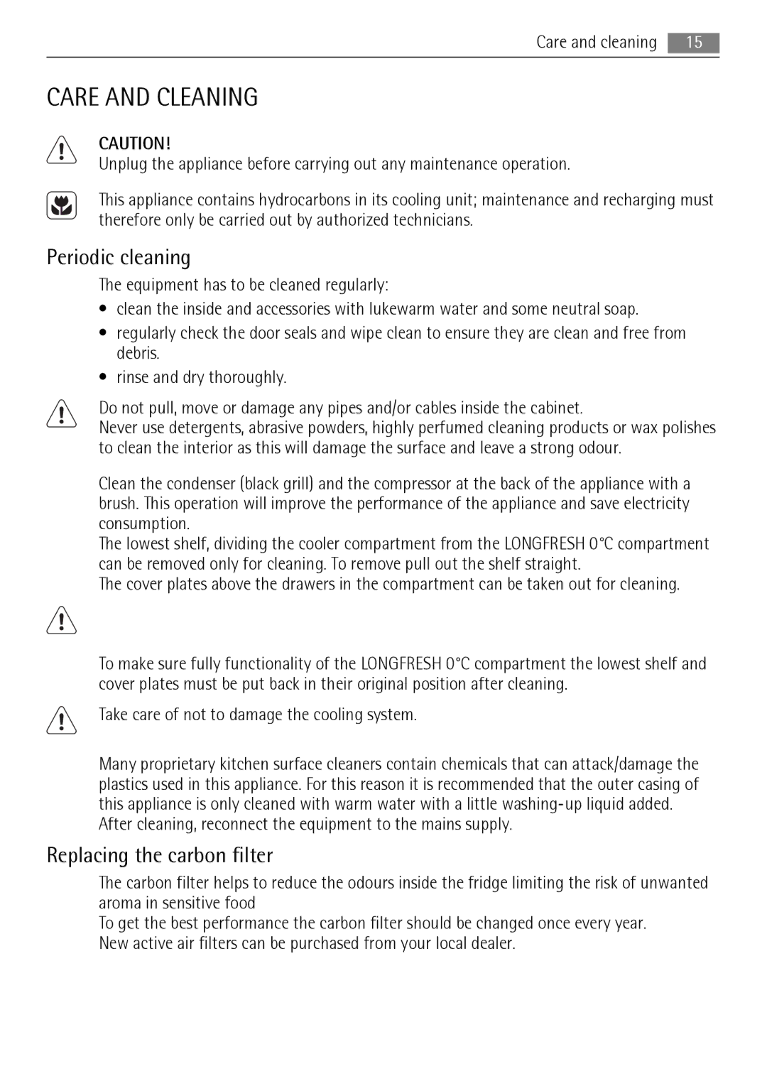 AEG SKZ71800F0 user manual Care and Cleaning, Periodic cleaning, Replacing the carbon filter 