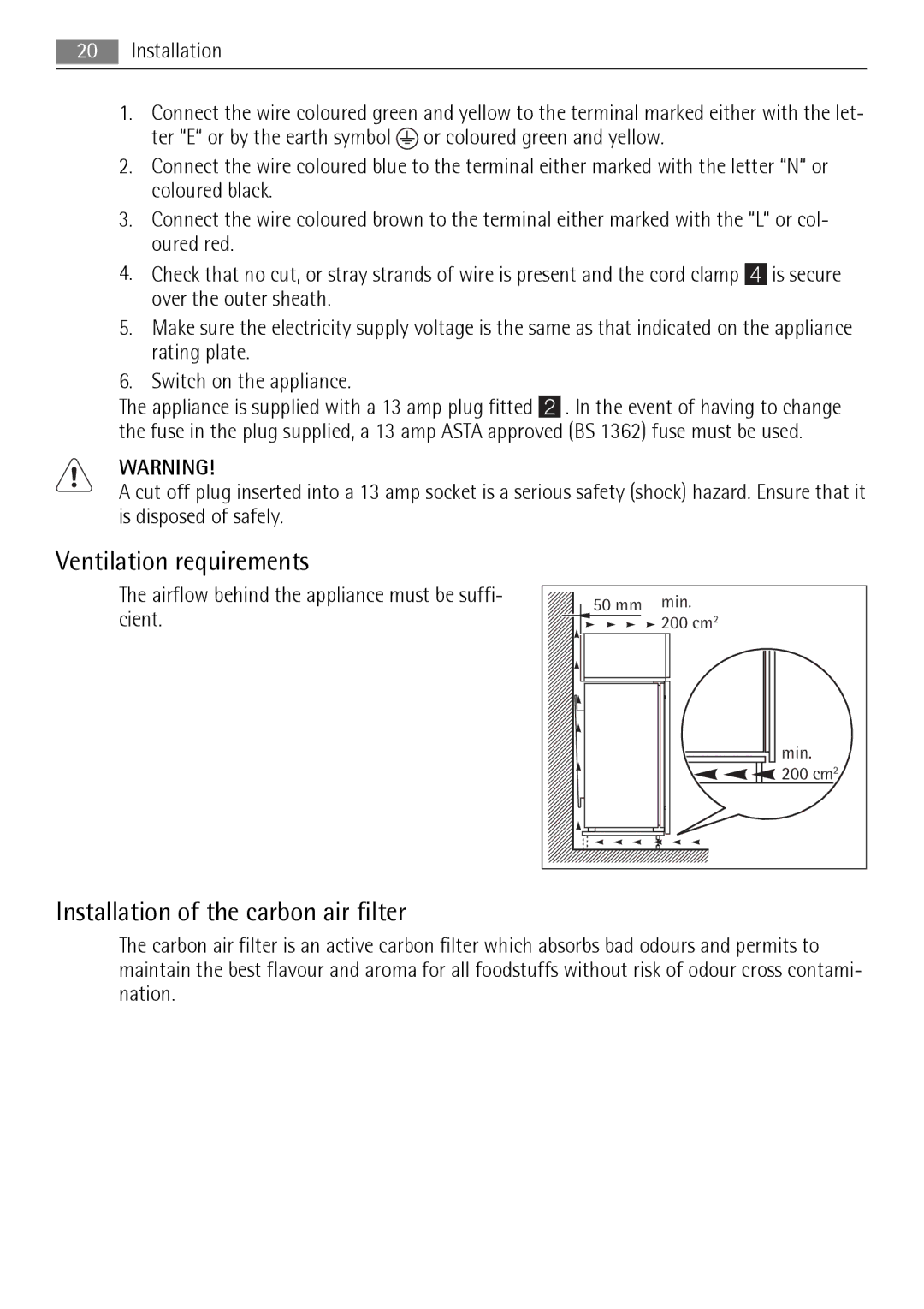 AEG SKZ71800F0 user manual Ventilation requirements, Installation of the carbon air filter 