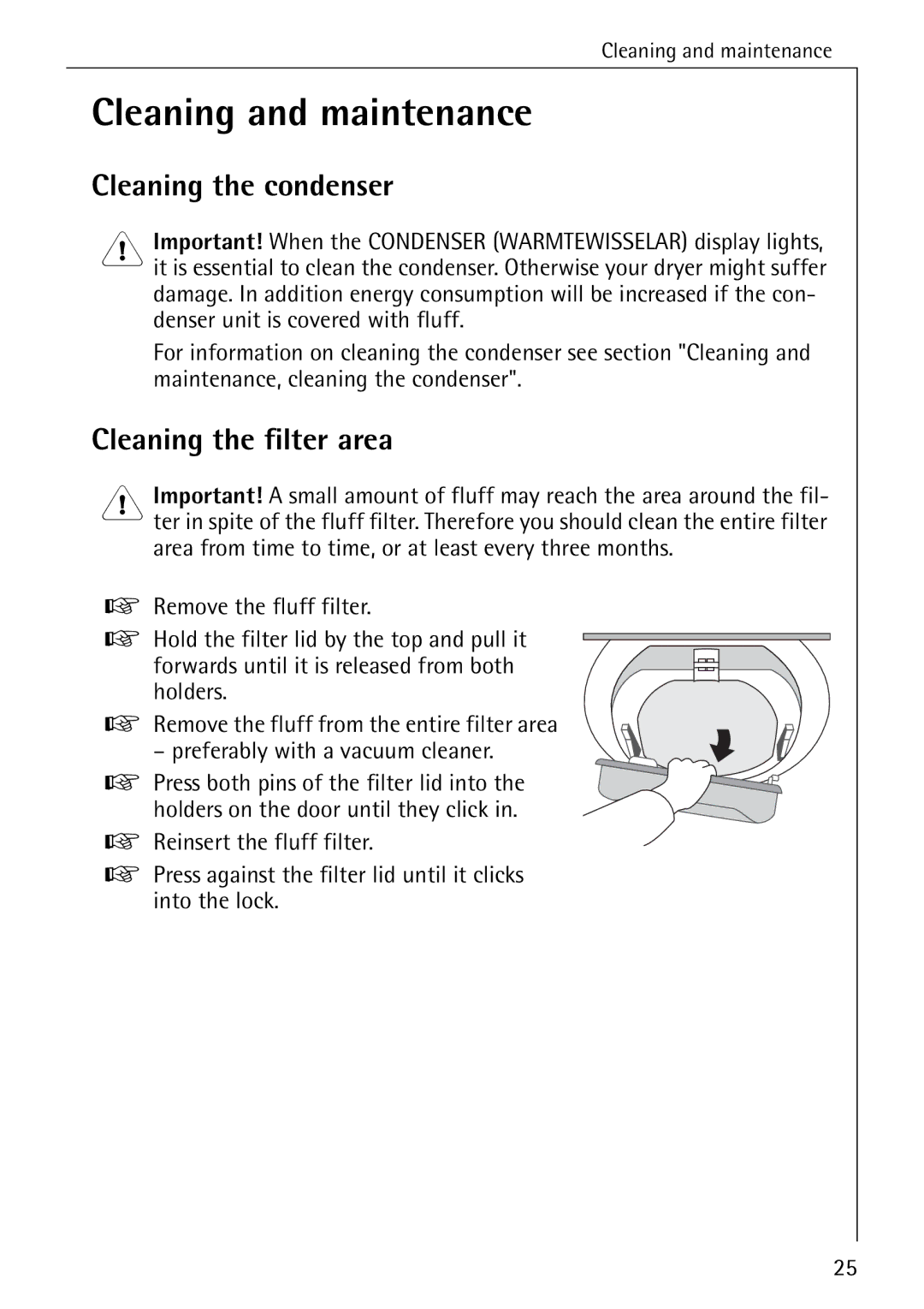 AEG T 520 operating instructions Cleaning and maintenance, Cleaning the filter area 