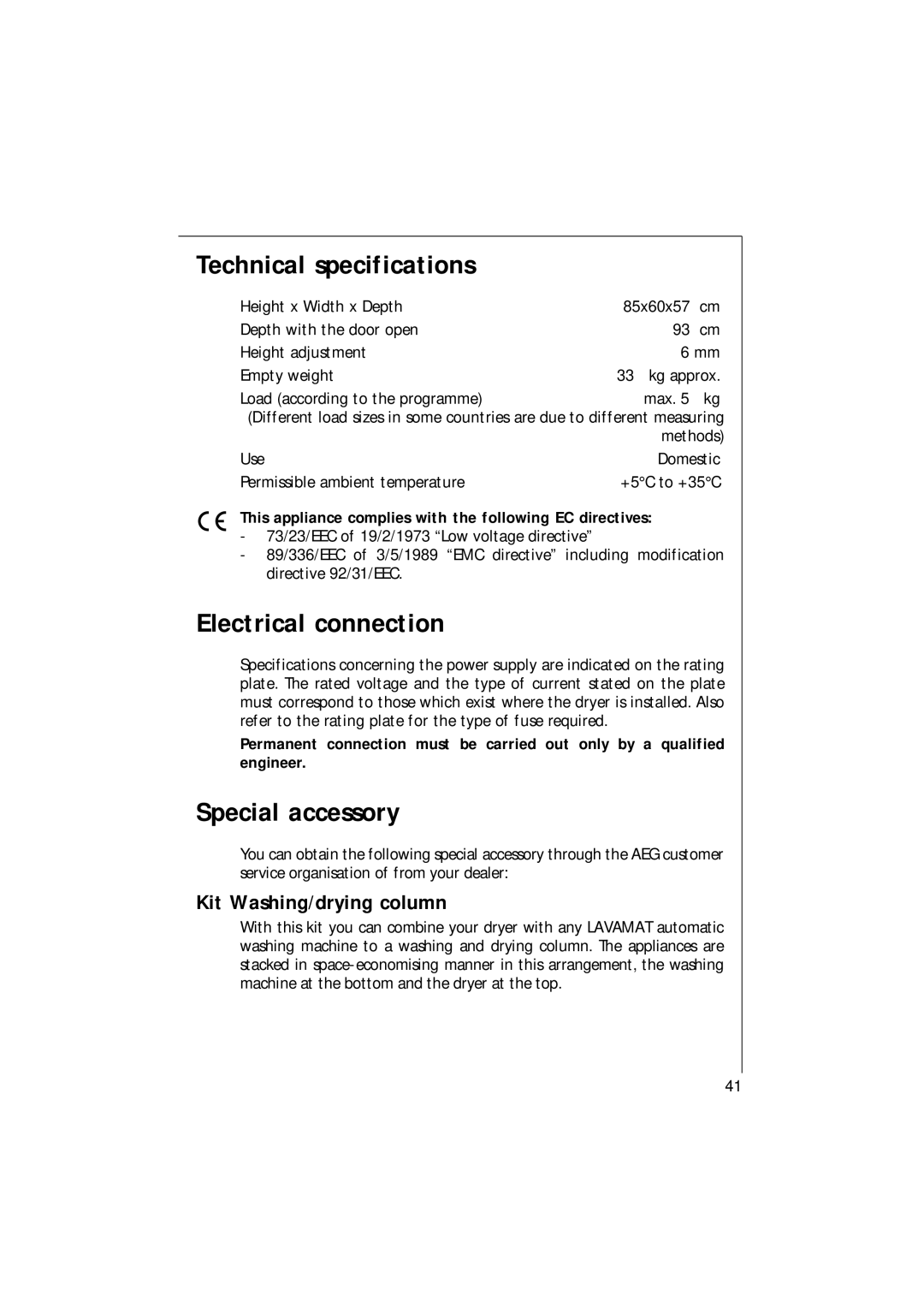 AEG T3 operating instructions Technical specifications, Electrical connection, Special accessory, Kit Washing/drying column 