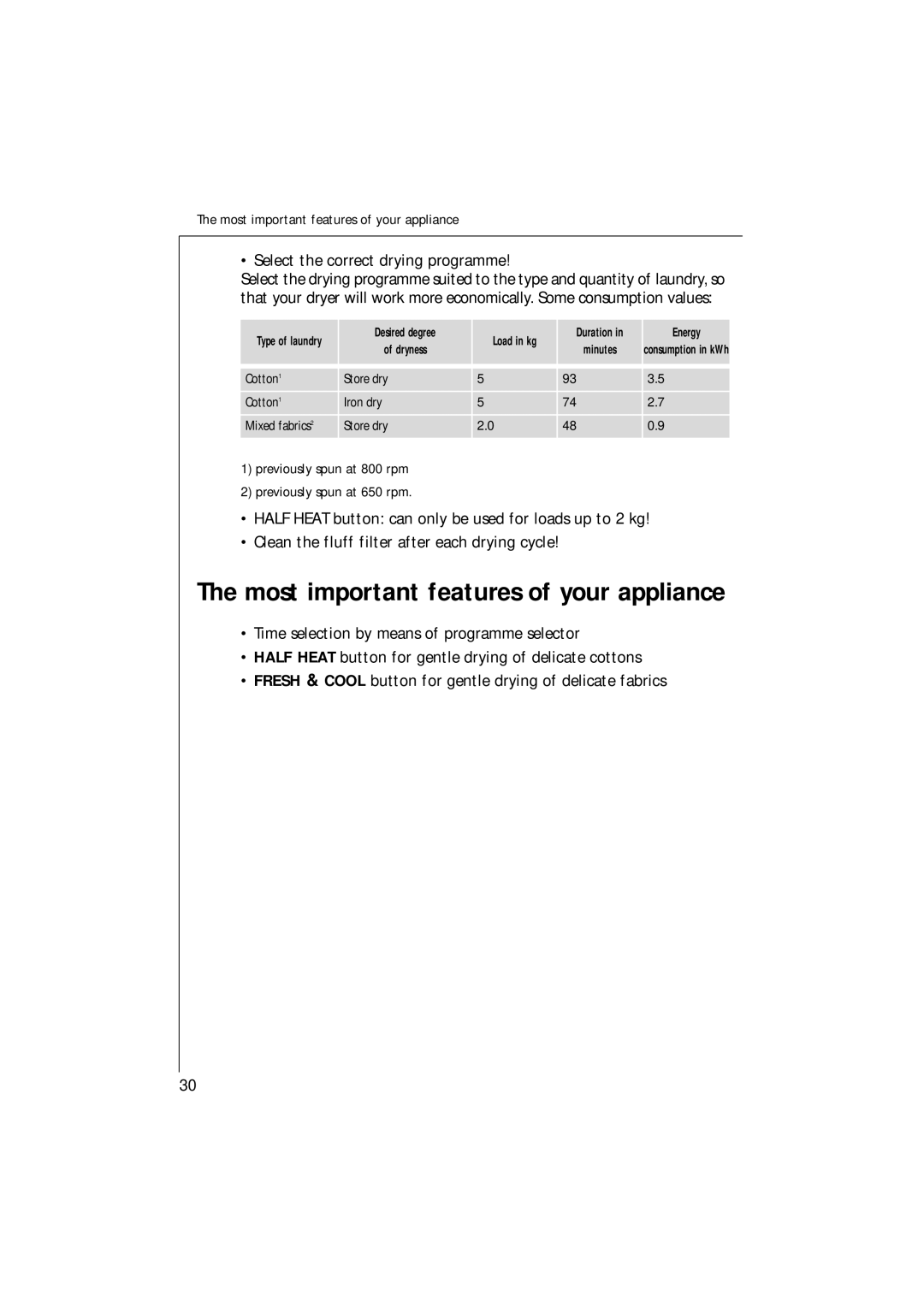 AEG T3 operating instructions Most important features of your appliance, Energy, Minutes 