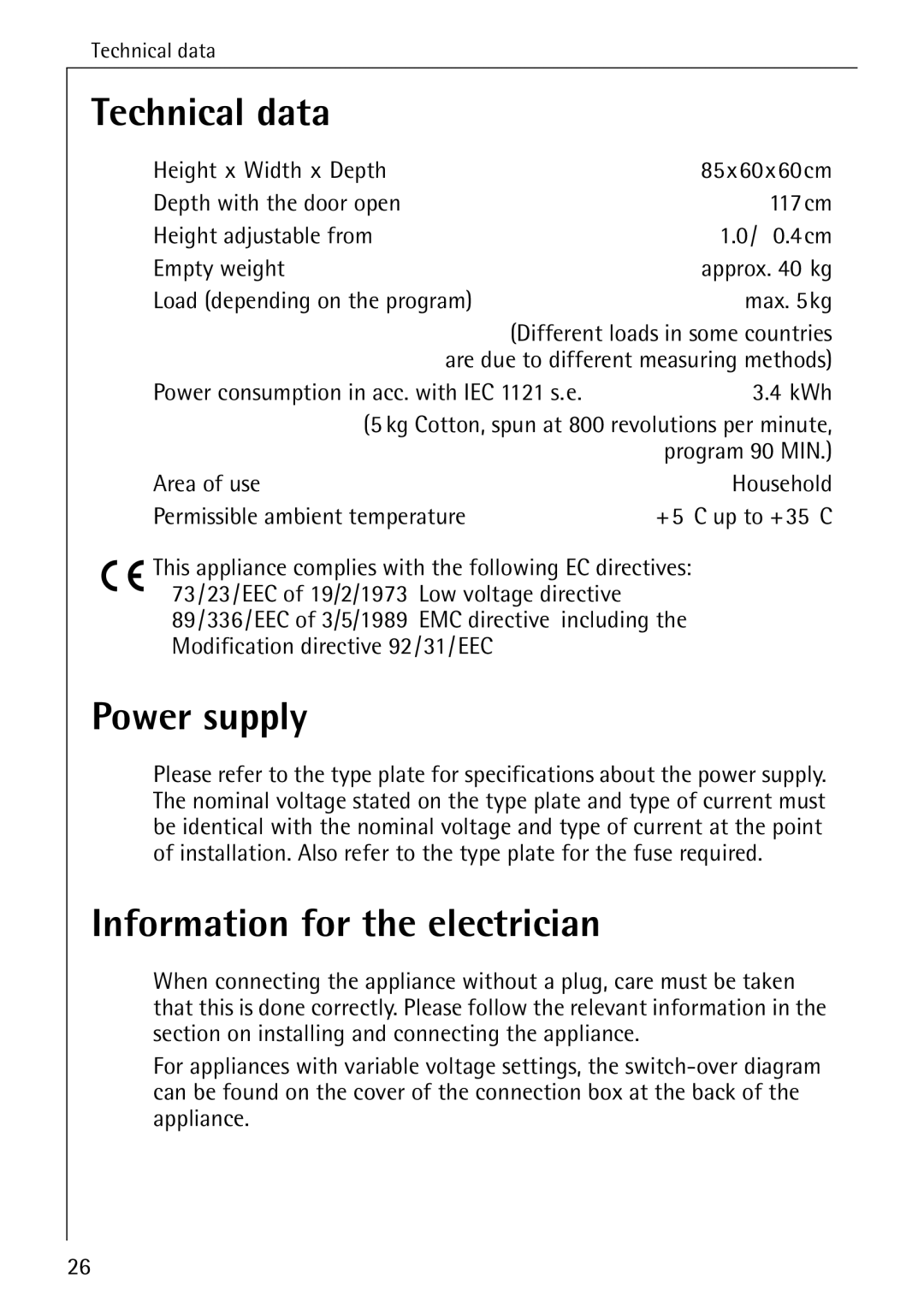 AEG T30 operating instructions Technical data, Power supply, Information for the electrician 