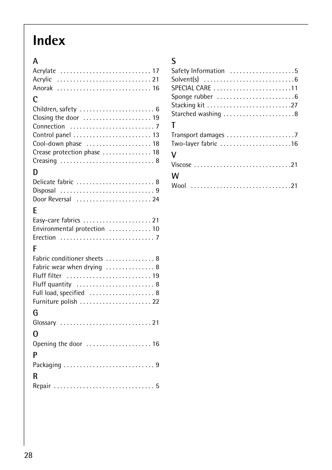 AEG T30 operating instructions Index, Acrylate Acrylic Anorak 