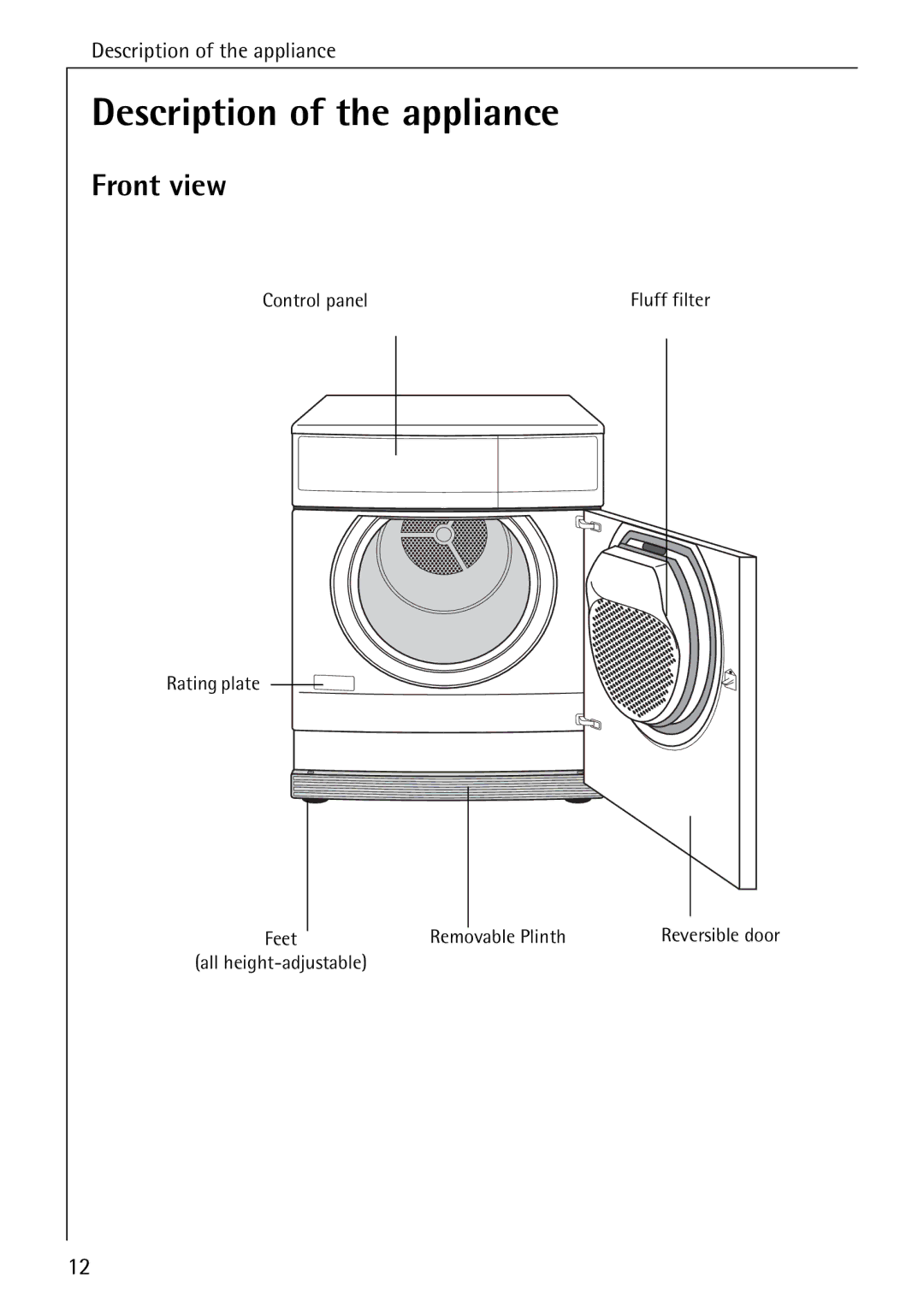 AEG T300 operating instructions Description of the appliance, Front view 