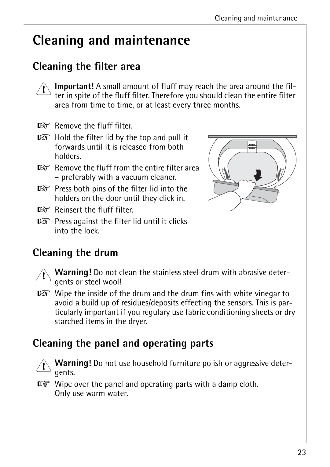 AEG T300 Cleaning and maintenance, Cleaning the filter area, Cleaning the drum, Cleaning the panel and operating parts 