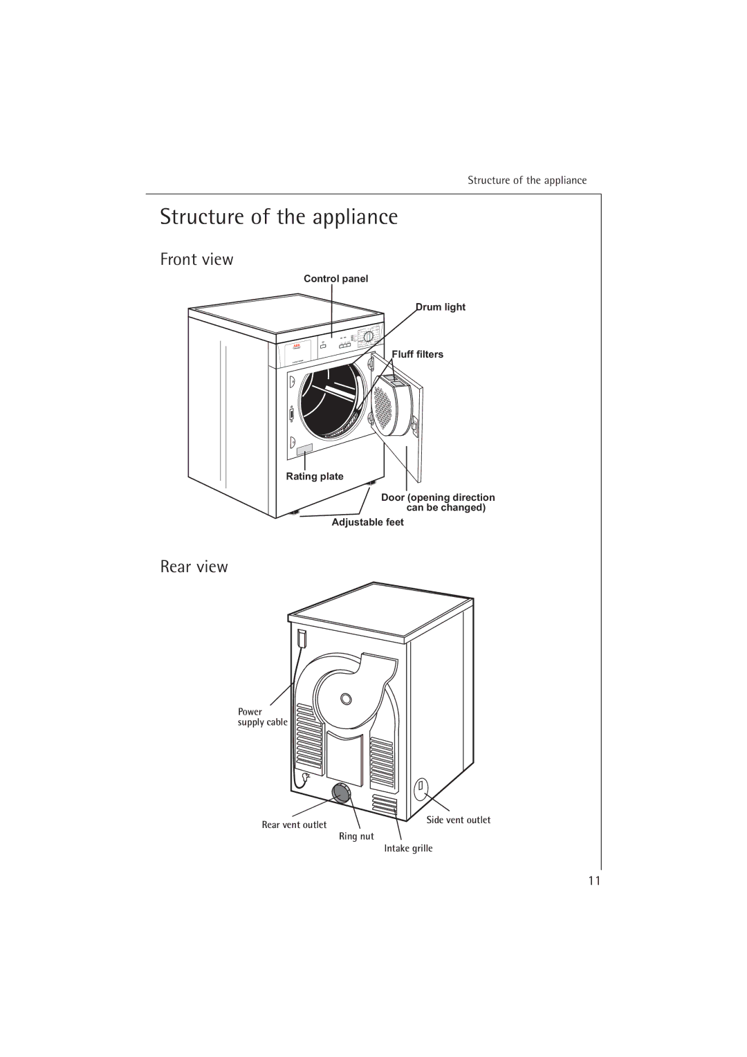 AEG T37400 operating instructions Structure of the appliance, Front view, Rear view 