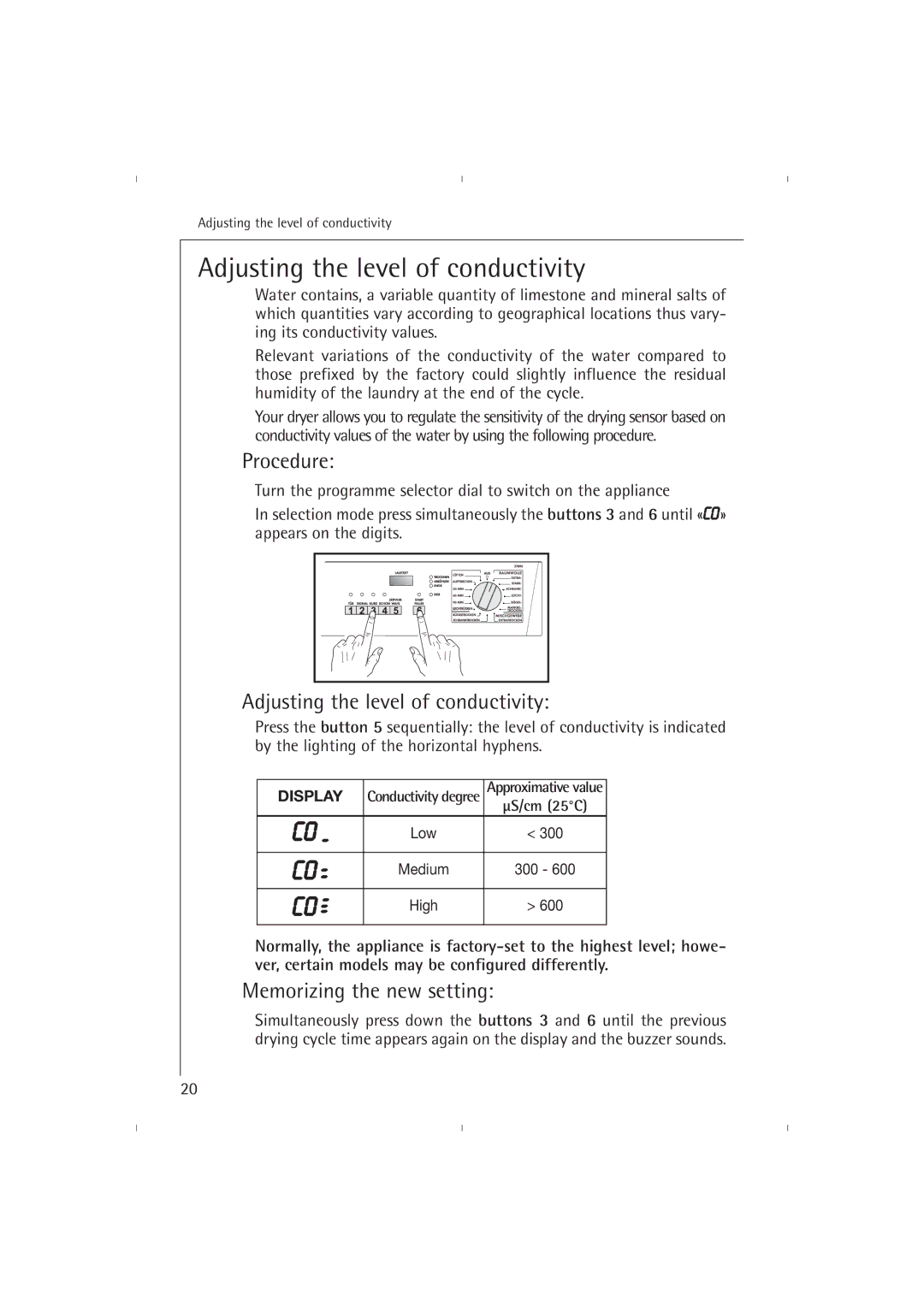 AEG T37800 operating instructions Adjusting the level of conductivity, Procedure, Memorizing the new setting 