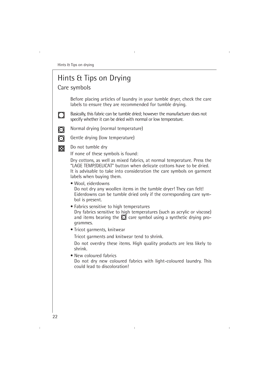 AEG T37800 operating instructions Hints & Tips on Drying, Care symbols 