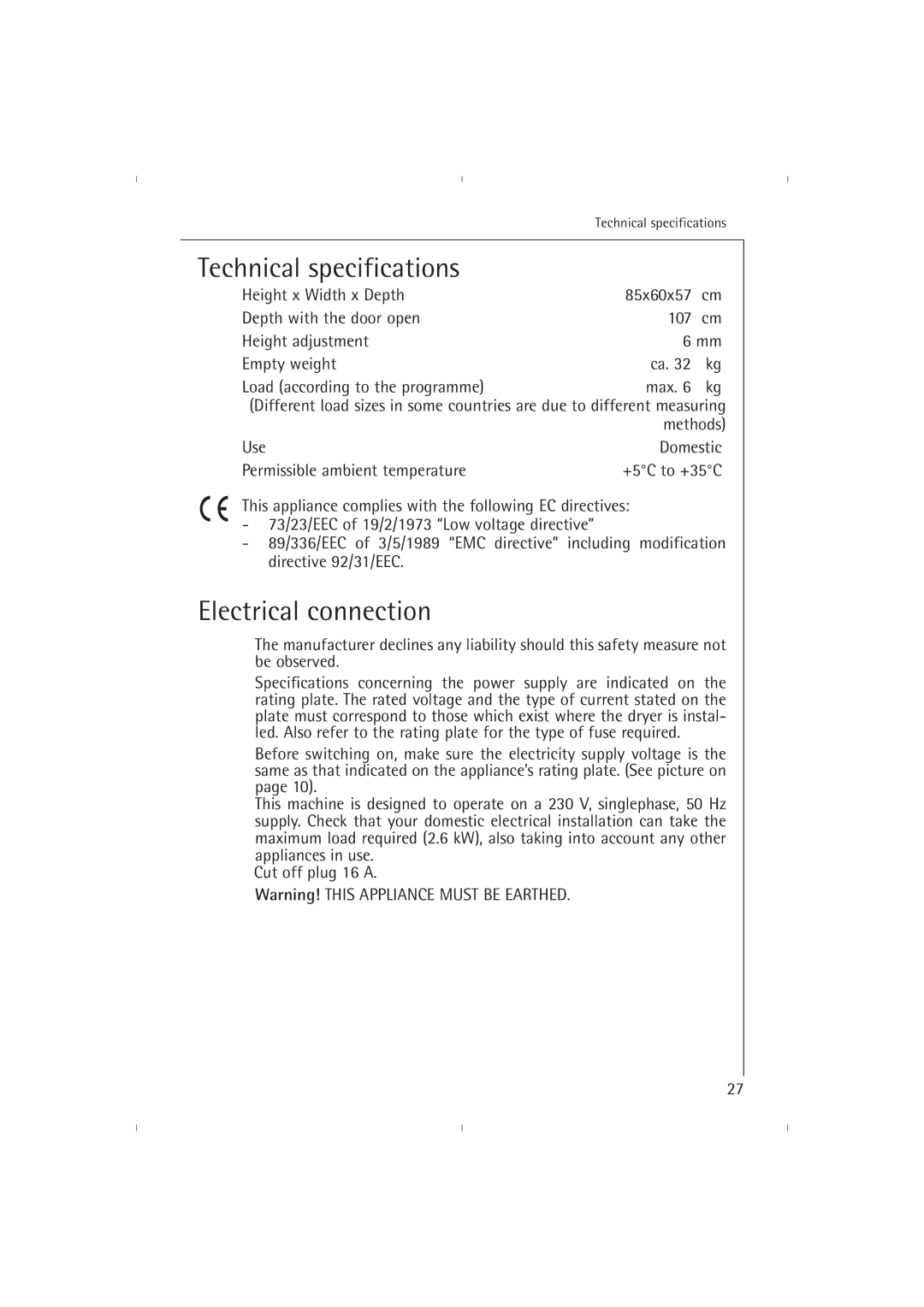 AEG T37800 operating instructions Technical specifications, Electrical connection 