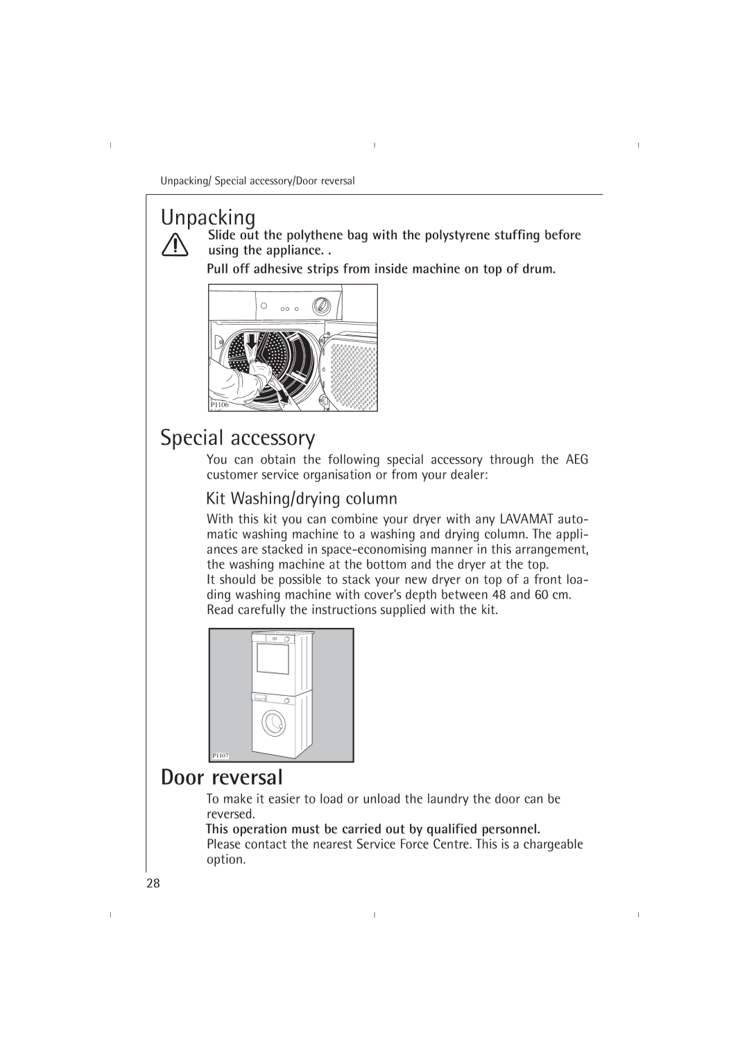 AEG T37800 operating instructions Unpacking, Special accessory, Kit Washing/drying column 