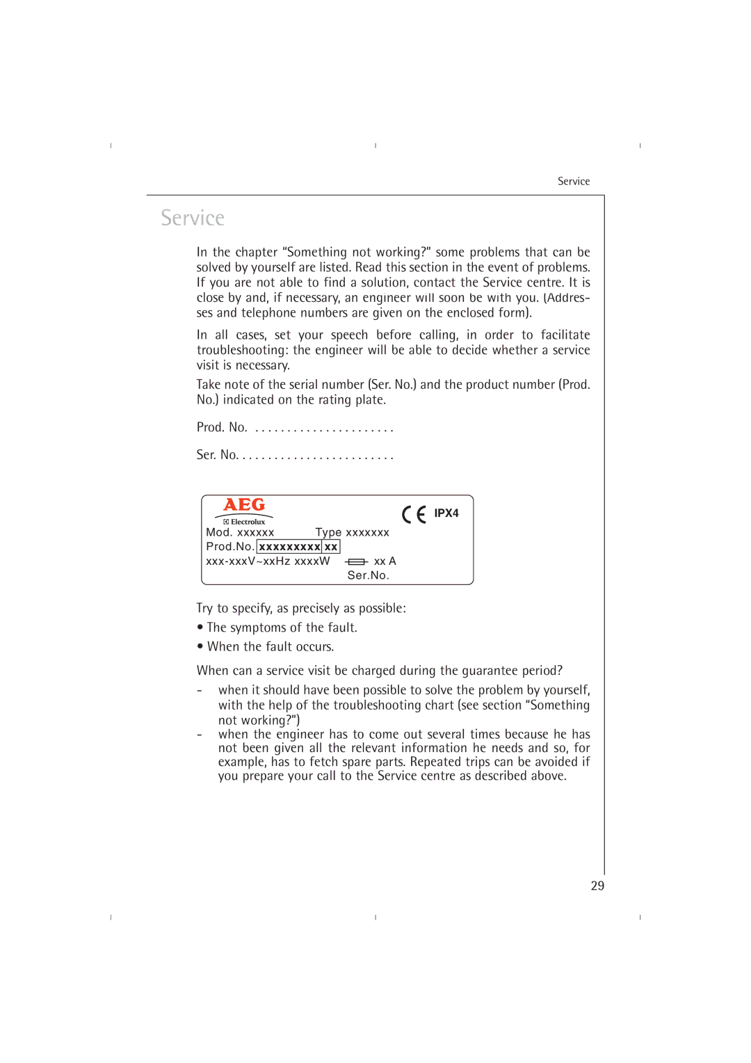 AEG T37800 operating instructions Service 