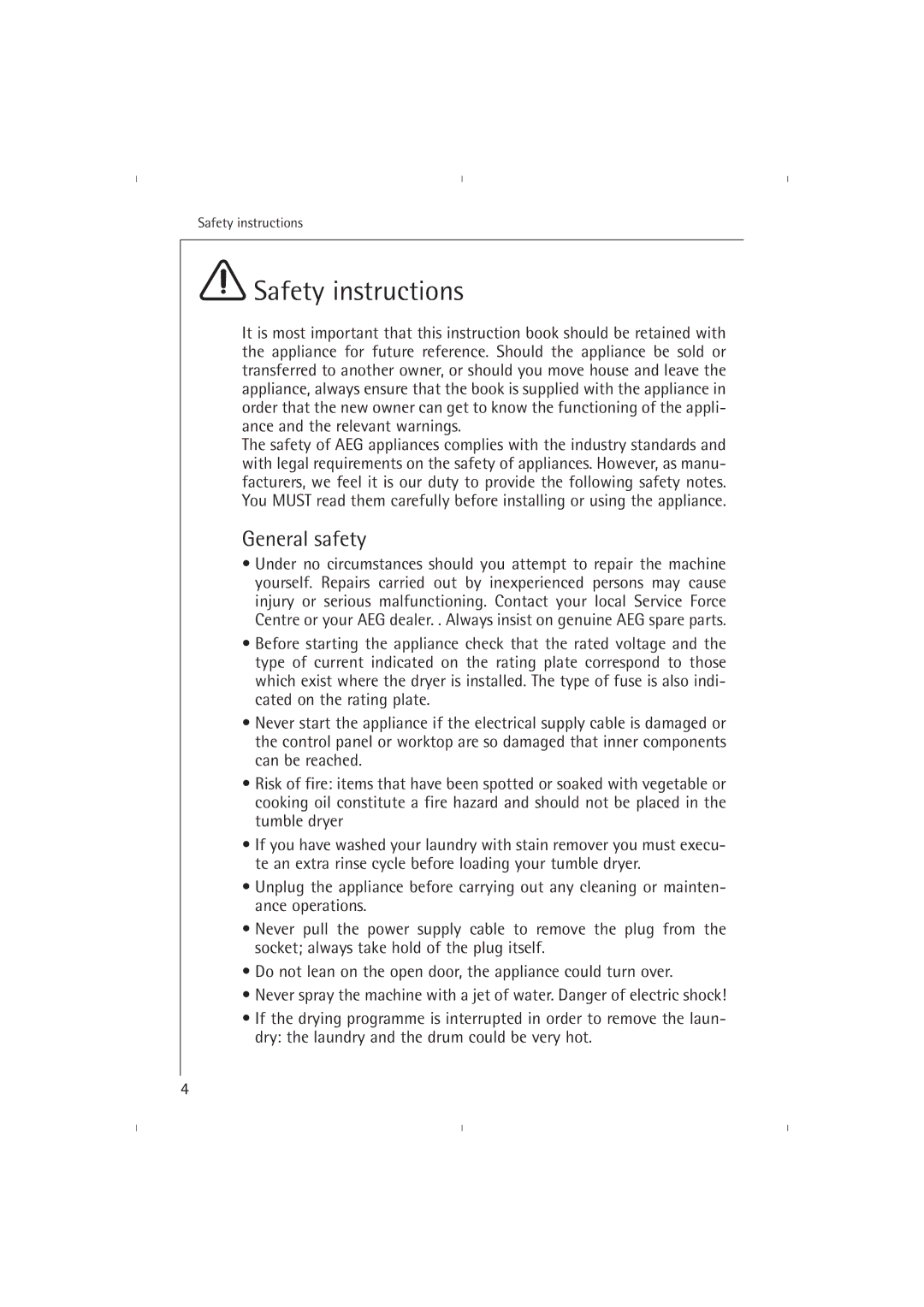 AEG T37800 operating instructions Safety instructions, General safety 