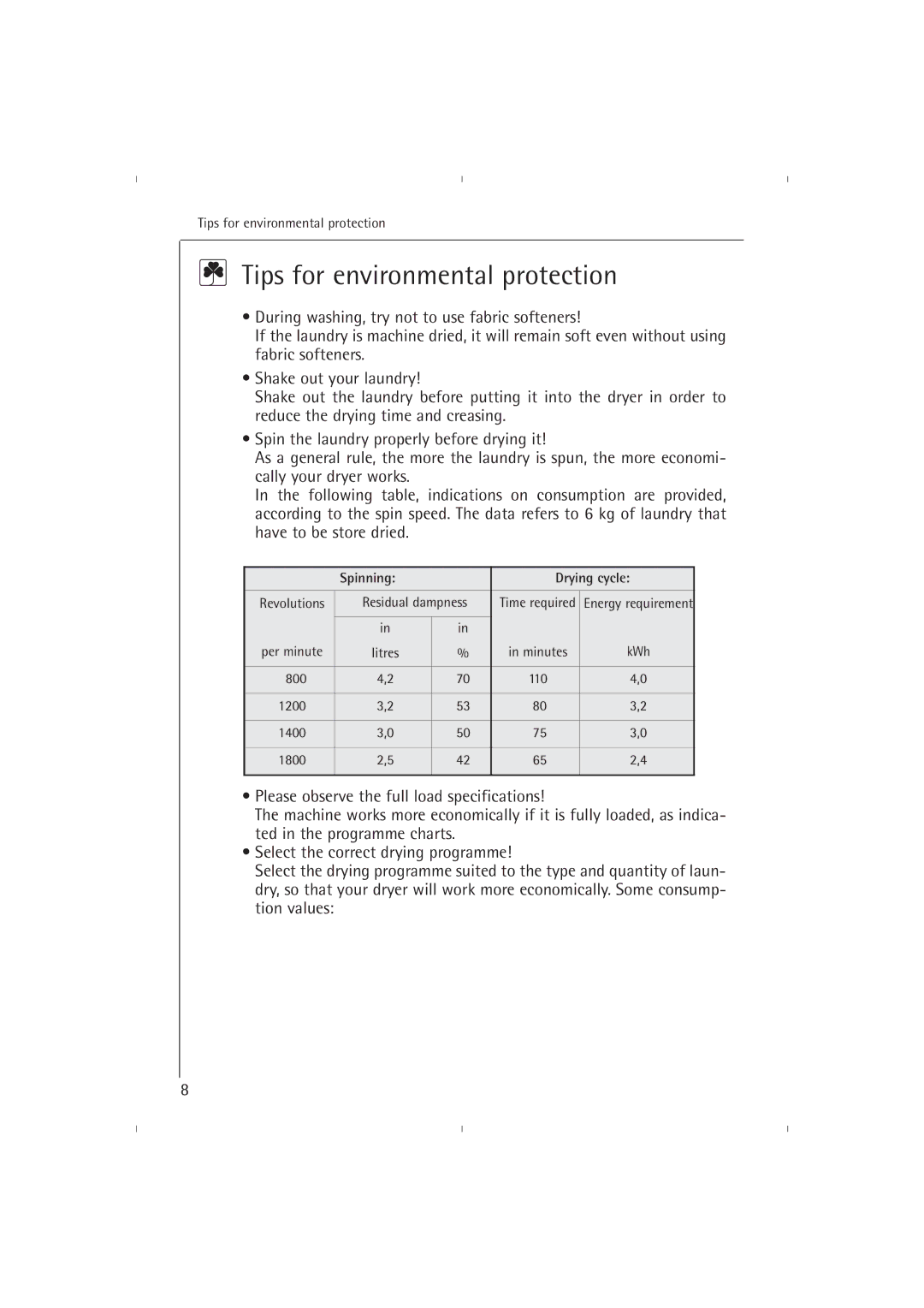 AEG T37800 operating instructions Tips for environmental protection, Spinning Drying cycle 