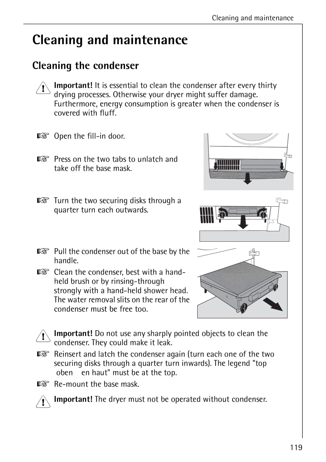 AEG T500 operating instructions Cleaning and maintenance, Cleaning the condenser 